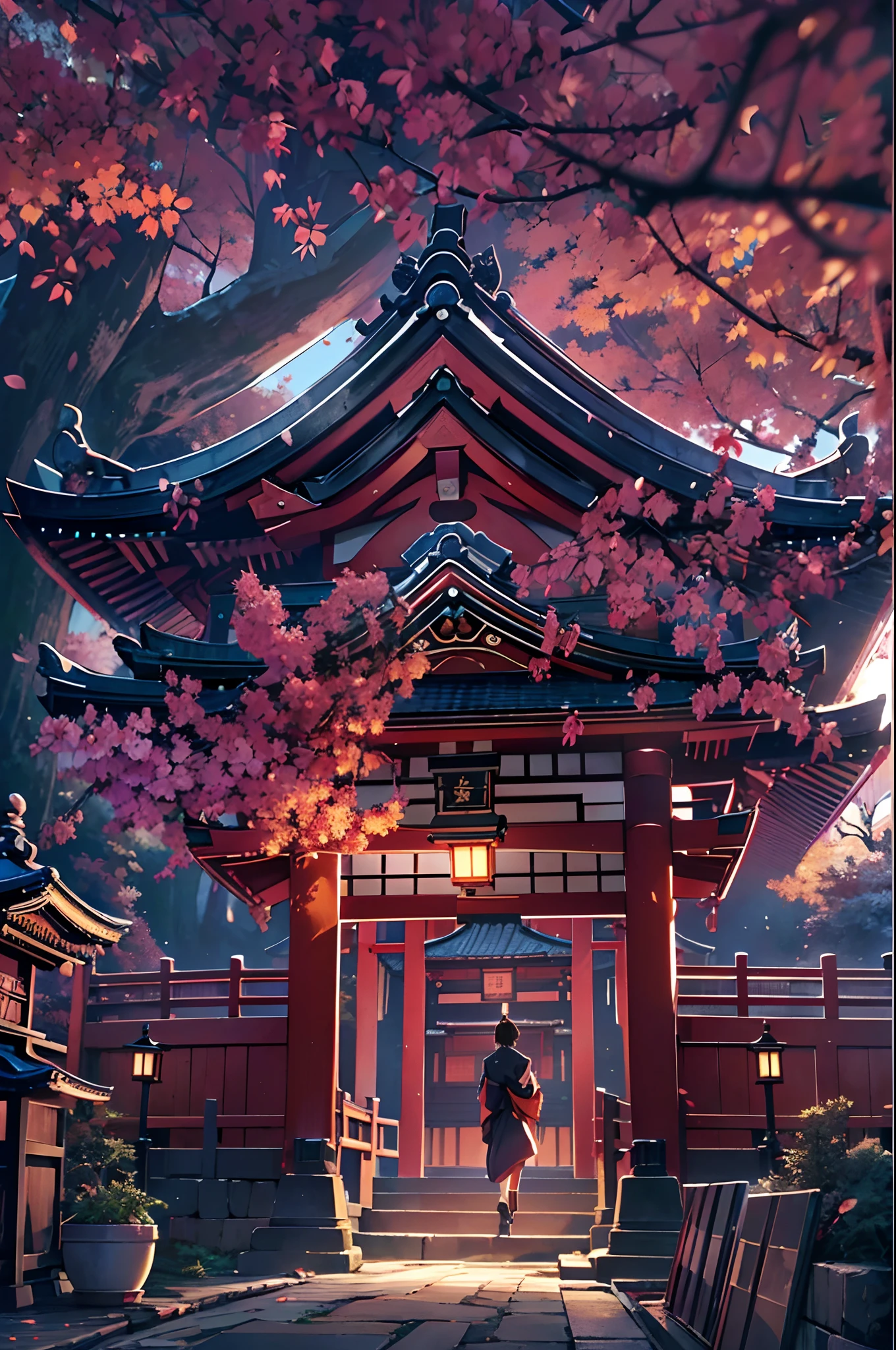 (Official art、Best Quality、Unity 8k Wallpapers、32K、masterpiece、ultra-detailliert、超A high resolution、realisitic、Photorealsitic:1.2)、(Cinematic lighting:1.2)、Fireglow effect、film grains、Best Shadows、Rim lighting、side lights、(Ultra-detailed and complex 3D rendering)、Detailed beautiful face and eyes、A slender、Medium bust、(Full body:1.2)、(sideshot、Looking away:1.2)、(Mystical、moonlights)、Highly detailed background、beauitful face、a beauty girl、(super detailed skin、detailed skin textures:1.3)、Japan garden、cowboy shot、Tree with red leaves on tower background々, Japan at night, japan sightseeing, japan deeper travel exploration, japanese temples, pagoda, during night!!, set at night, during night!, けもの, Vivid!!, japanese city at night, full - view, ancient japanese architecture, by Torii Kiyomasu II, november, kyoto japan setting