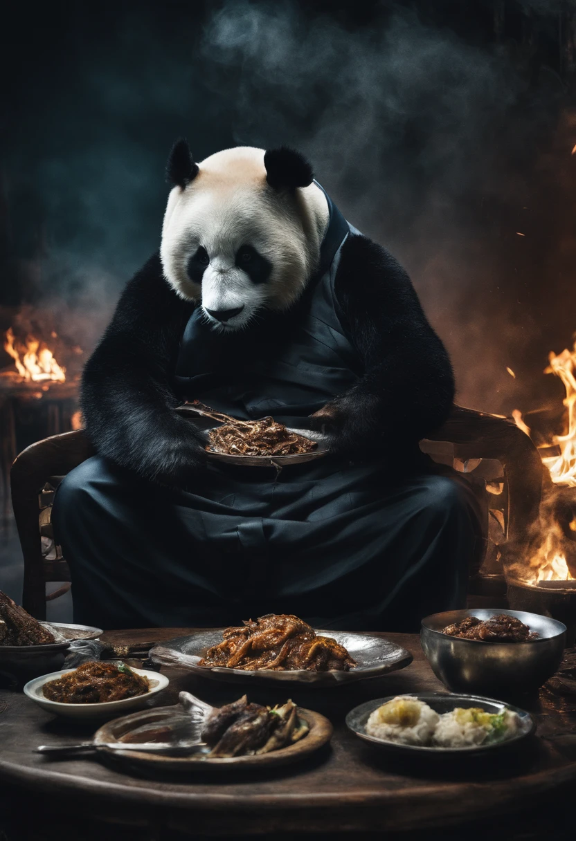 Capture the heartwarming moment of a giant fluffy panda in blue office suits seated at a old bad restaurant table, crowded restaurant, old vintage bd restaurant, people staring at him, savoring a plate of nasi lemak, fried chicken, and a glass of ice milo. The panda's face should light up with pure happiness and surprise, with a mouthful of nasi lemak, as if it's tasting this beloved Malaysian dish for the very first time, 4k, dramatic lighting, dramatic effect, smoke effect, a lot of smoke, kitchen on fire in far background,
