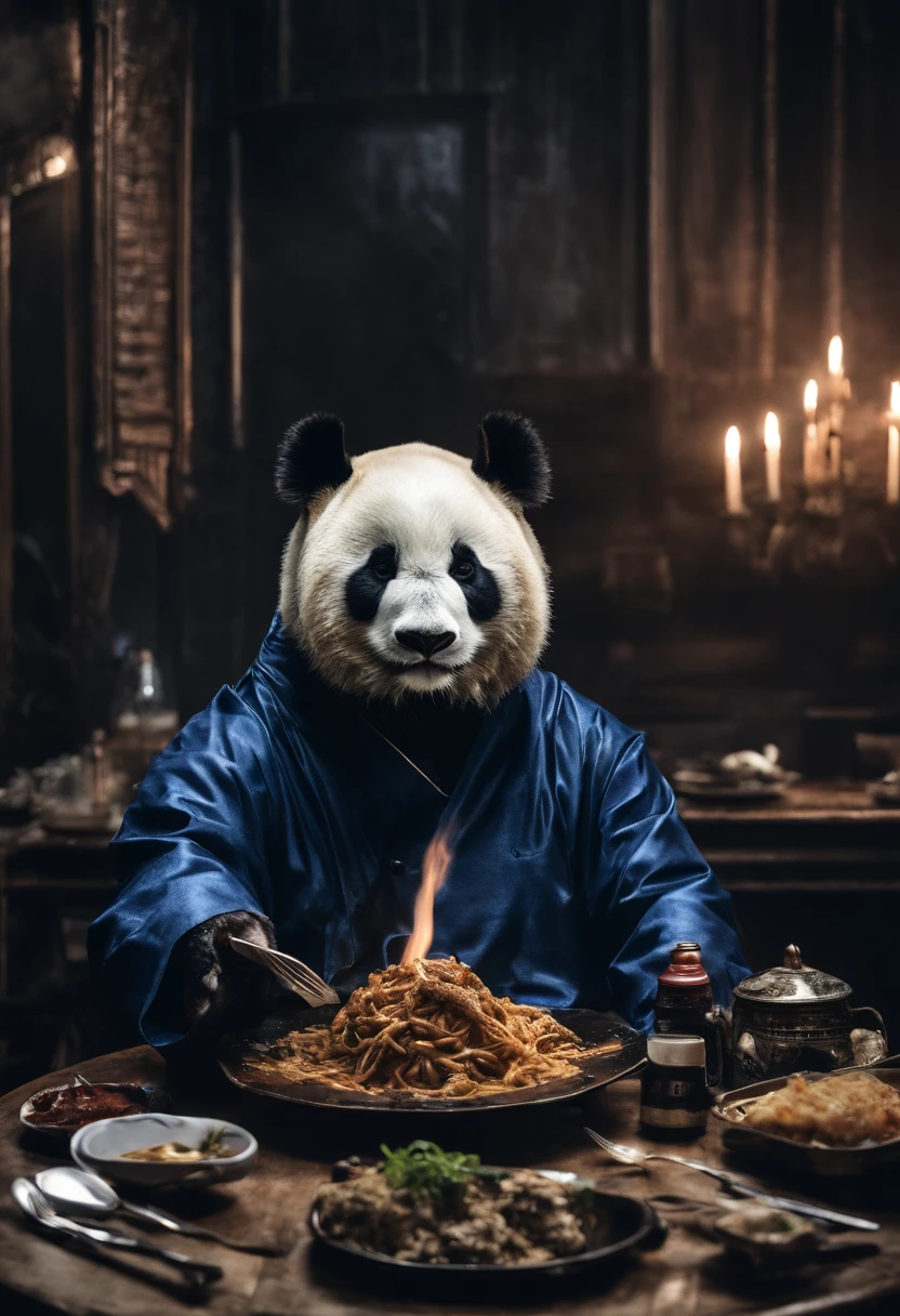 Capture the heartwarming moment of a giant fluffy panda in blue office suits seated at a old bad restaurant table, crowded restaurant, old vintage bd restaurant, people staring at him, savoring a plate of nasi lemak, fried chicken, and a glass of ice milo. The panda's face should light up with pure happiness and surprise, with a mouthful of nasi lemak, as if it's tasting this beloved Malaysian dish for the very first time, 4k, dramatic lighting, dramatic effect, smoke effect, a lot of smoke, kitchen on fire in far background,