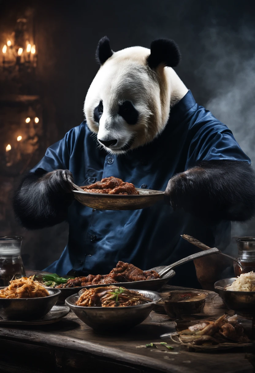 Capture the heartwarming moment of a giant fluffy panda in blue office suits seated at a old bad restaurant table, crowded restaurant, old vintage bd restaurant, people staring at him, savoring a plate of nasi lemak, fried chicken, and a glass of ice milo. The panda's face should light up with pure happiness and surprise, with a mouthful of nasi lemak, as if it's tasting this beloved Malaysian dish for the very first time, 4k, dramatic lighting, dramatic effect, smoke effect, a lot of smoke, kitchen on fire in far background,