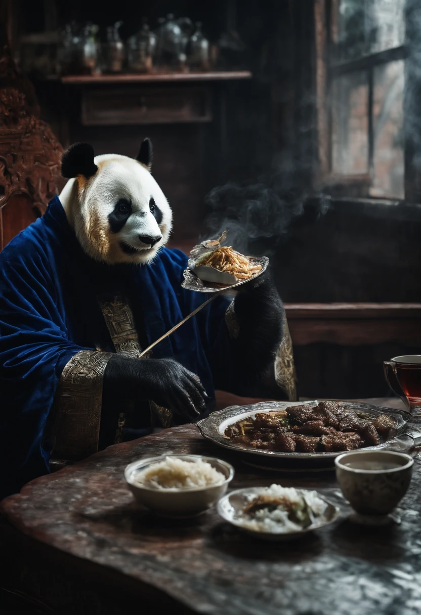 Capture the heartwarming moment of a giant fluffy panda in blue office suits seated at a old bad restaurant table, crowded restaurant, old vintage bd restaurant, people staring at him, savoring a plate of nasi lemak, fried chicken, and a glass of ice milo. The panda's face should light up with pure happiness and surprise, with a mouthful of nasi lemak, as if it's tasting this beloved Malaysian dish for the very first time, 4k, dramatic lighting, dramatic effect, smoke effect, a lot of smoke, kitchen on fire in far background,