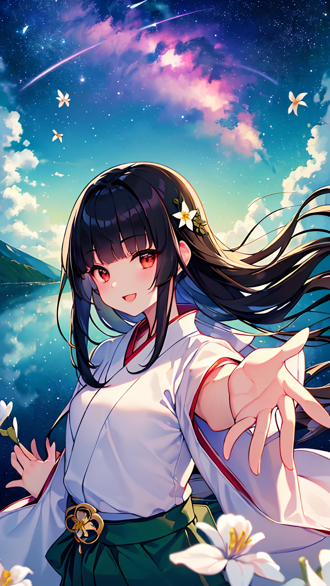 (top-quality), (​masterpiece)、(ultla detailed)、(Beauty alone:1.5)、cute little、offcial art、Smile with open mouth、Outside、(many cosmos flowers:1.3)、moutains、(FULL BODYSHOT)、(Wearing a green hakama:1.5)、(Daytime)、(18year old:1.3)、Medium chest、(Red Eyes)、A detailed eye、(A dark-haired:1.5)、(Straight hair:1.5)、(Longhaire:1.5)、Blunt bangs、White lily hair ornament、(Maxi length:1.2)、Arms outstretched、posterior view、From  above、Standing、Floating hair、