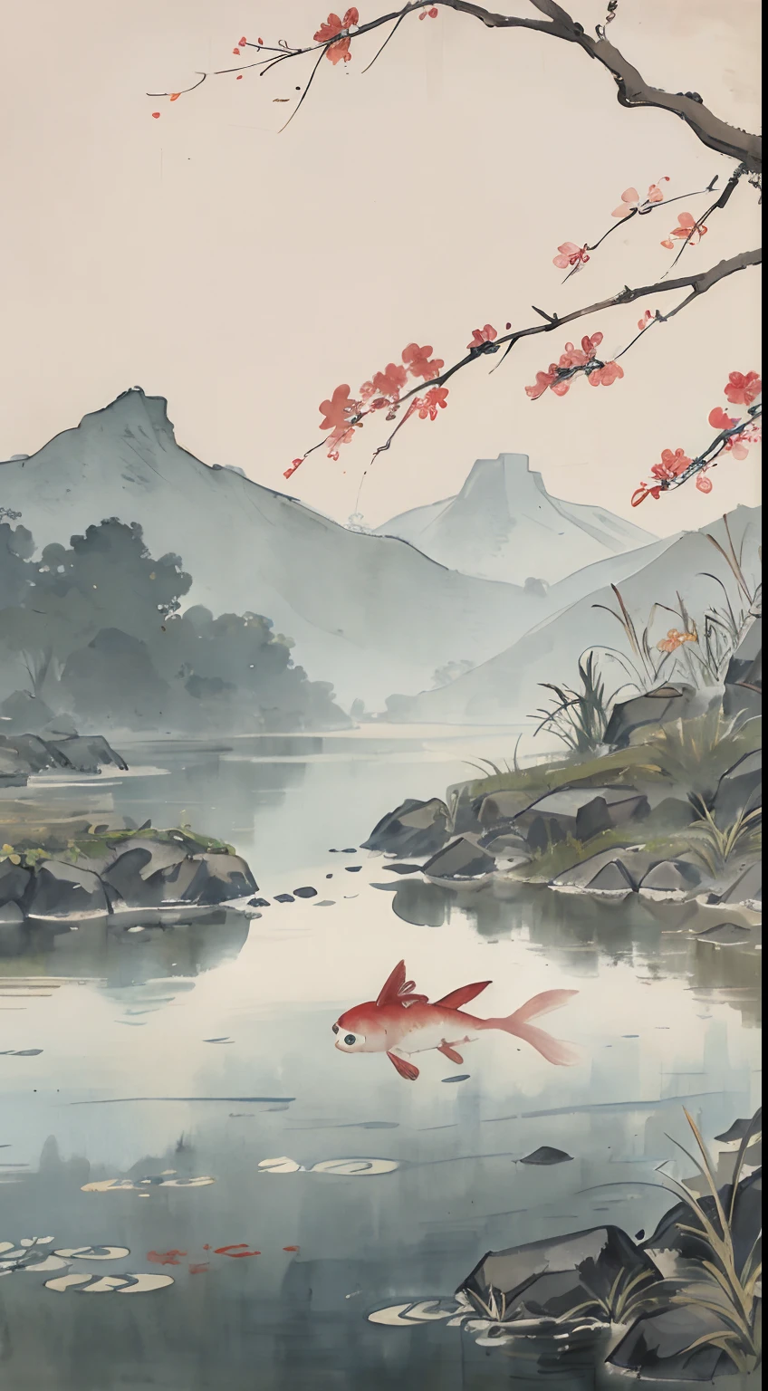 Koi in the pond,Green grass on the shore,Lots of flowers,A plant, Chinese watercolor style, k hd,Traditional Chinese watercolor,Traditional Chinese painting,China ink painting,inspired by Kim Hong-do, Traditional Chinese painting, japan watercolour, inspired by Huang Binhong, Watercolor landscape