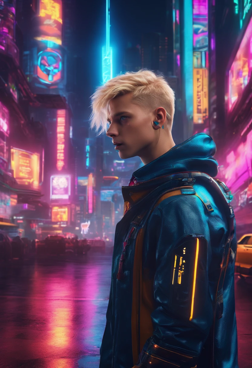 Face of a boy with blue eyes and blond hair, Against the backdrop of a futuristic city, neon signage, The World of Tomorrow, Driven by Artificial Intelligence, in a very realistic 8K photo