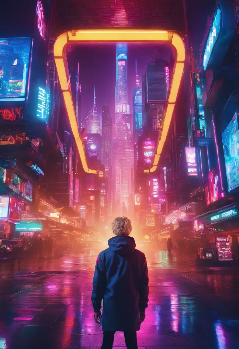 Face of a boy with blue eyes and blond hair, Futuristic city, neon signage, The World of Tomorrow, Driven by Artificial Intelligence, in a very realistic 8K photo
