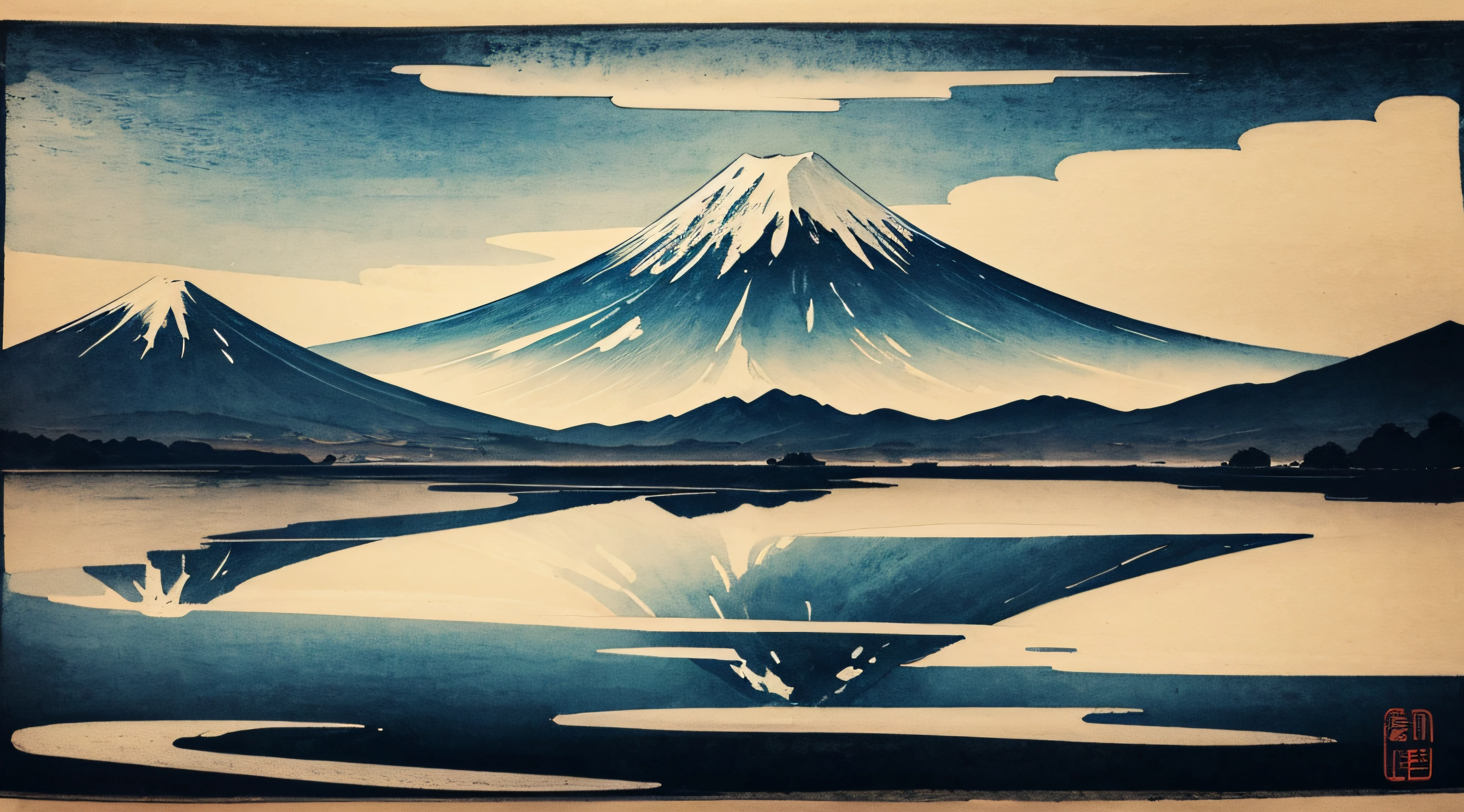 Mont Fuji et son lac en premier plan. Traditional ink drawing on thick rice paper, Clear ink to create light and dark variations and layers, Art traditionnel chinois, Peinture traditionnelle chinoise, Blotter Ink Painting, Blotter Ink Painting, Style de peinture chinoise.