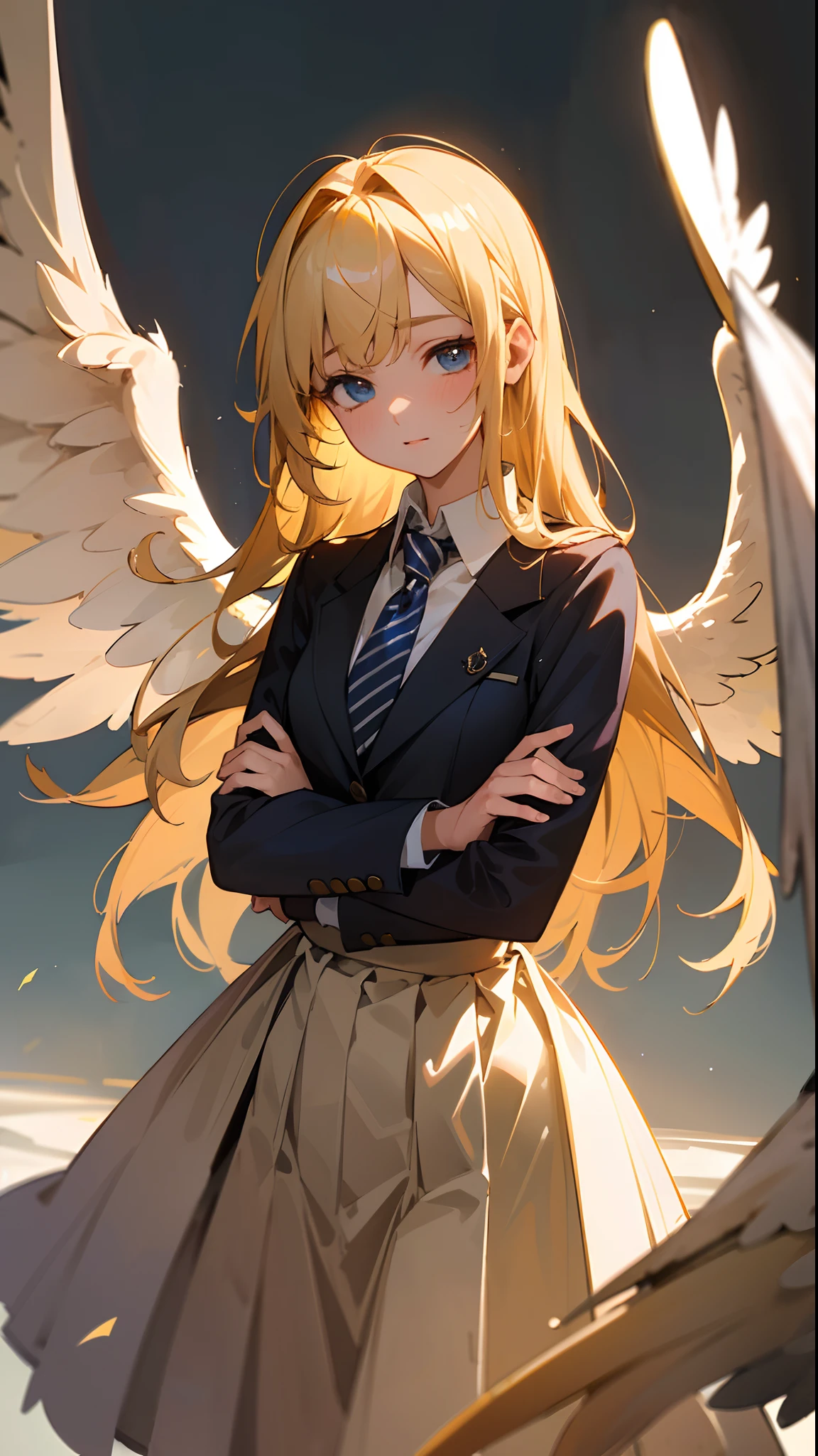 (masterpiece, best quality:1.3),beautiful detailed glow,best illuminate,(((best quality,textile shading,ultra detailed))),extremely detailed CG unity 8k wallpaper,Highly Detailed beautiful and aesthetic,best light,high resolution,detailed,dynamic lighting , 1Character ,  pastel washed out colors , cell shade , soft, muted shades ,gentle colors 


a crisp, white button-down shirt with a ruffled front, The shirt is neatly tucked into her skirt, Her pleated, skirt is made of a deep burgundy fabric, navy blue blazer, She ties a burgundy and gold striped tie neatly around her collar, small, gold pendant necklace adorns her neck,


Beautiful girl , extremely long hair , blue eyes , bangs , ((smal Angel wings )),blonde hair  , age  21