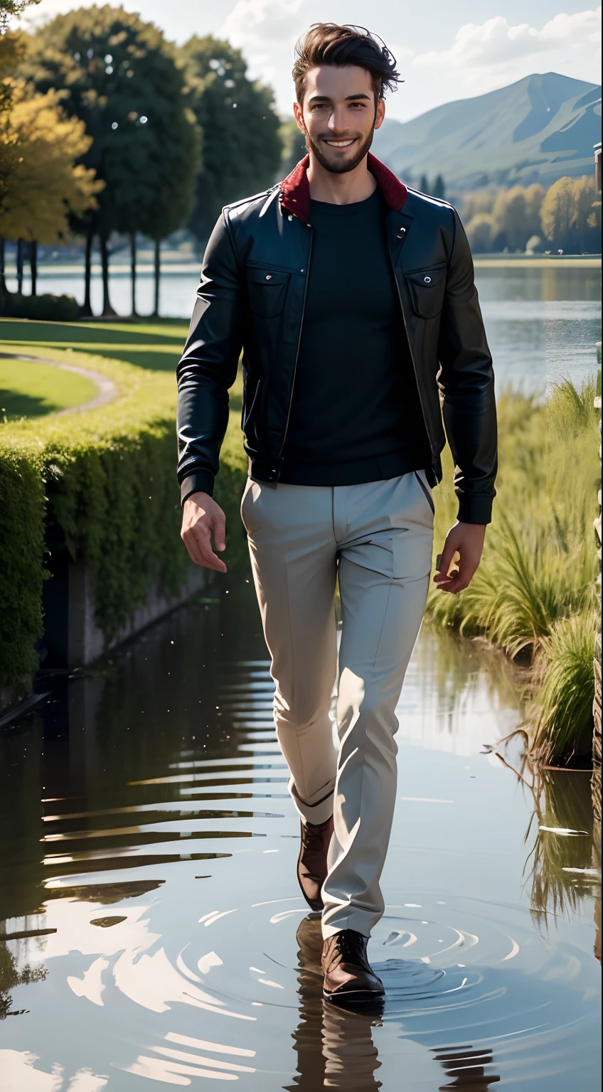 30 years old handsome male in Europe,The expression is smiling,Walk on the lake