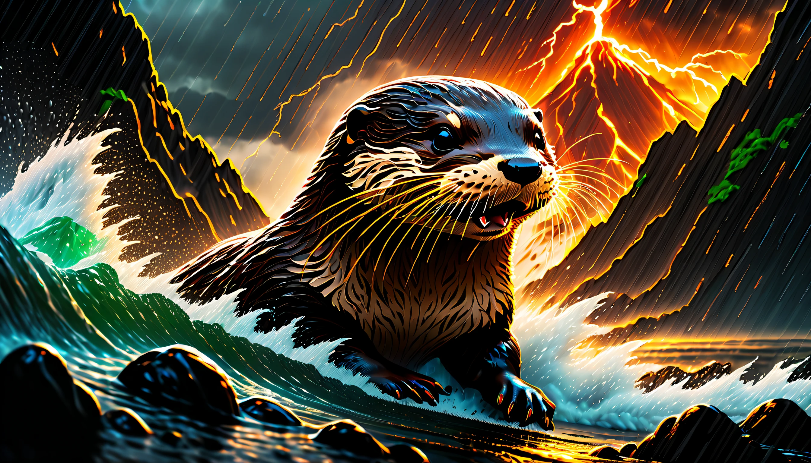 beautiful concept art of intricate insane detailed a illustration, (((Volcanic eruption:1.3))), ((concept of a volcano with a ninja otter face:1.2)), stunning and surreal piece of art, unique and visually, front view of the otter face, highest level of artistic, high level artistry involved, (expression adds depth and complexity to the overall composition:1.1), (volcanic to life in a way that resembles a photograph:1.1), every detail carefully crafted, create a sense of depth and dimension, (realistic style:1.1), (intricate insane details:1.1), incredibly realistic, (real heavy rain with lightning-wave:1.3), imagine a visually striking illustration of a ninja otter,