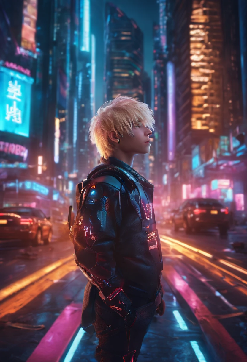 Boy with blue eyes and blonde hair, Smiling, Futuristic city in the background, neon signage, The World of Tomorrow, Driven by Artificial Intelligence, in a very realistic 8K photo