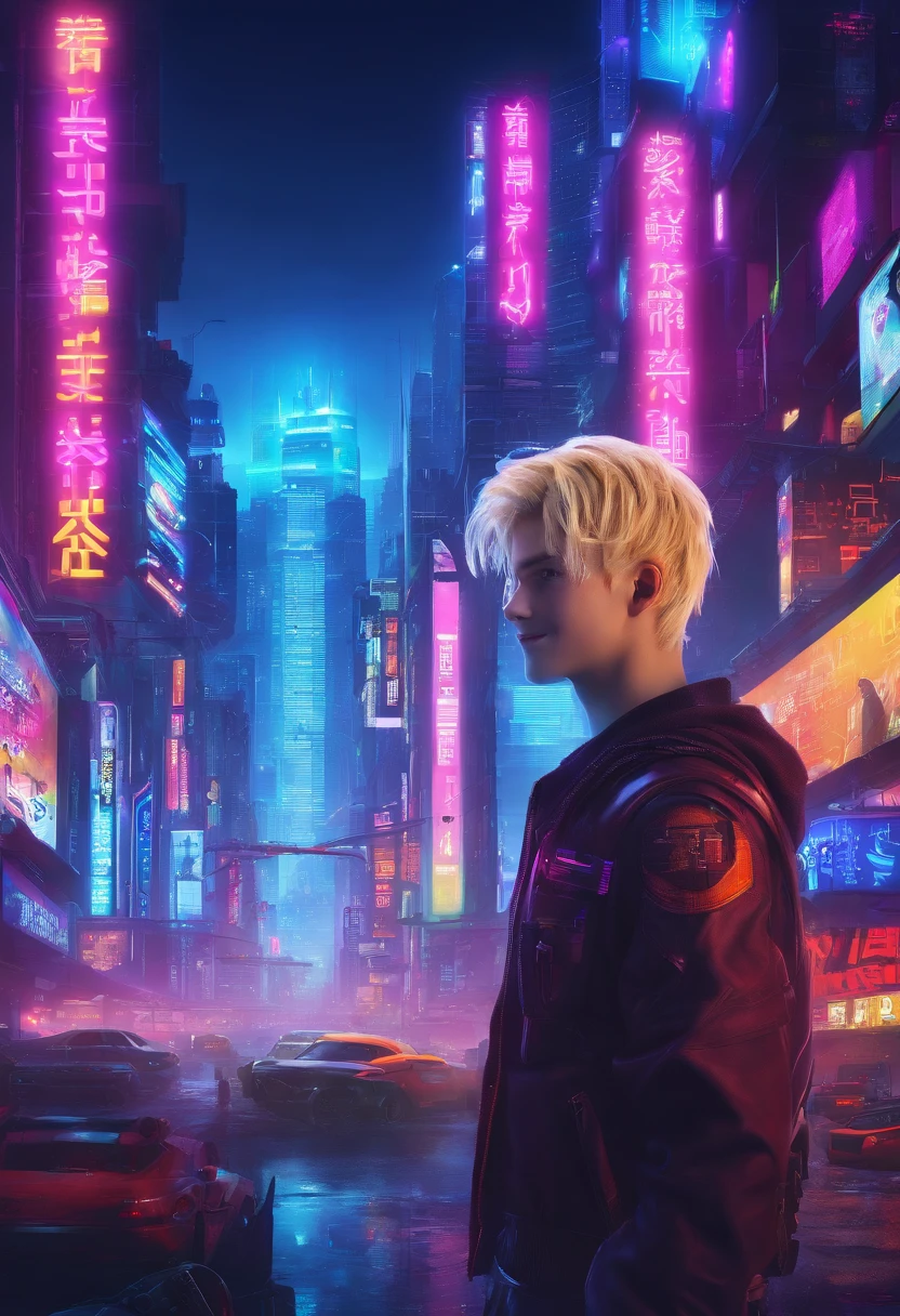 Boy with blue eyes and blonde hair, Smiling, Futuristic city in the background, neon signage, The World of Tomorrow, Driven by Artificial Intelligence, in a very realistic 8K photo