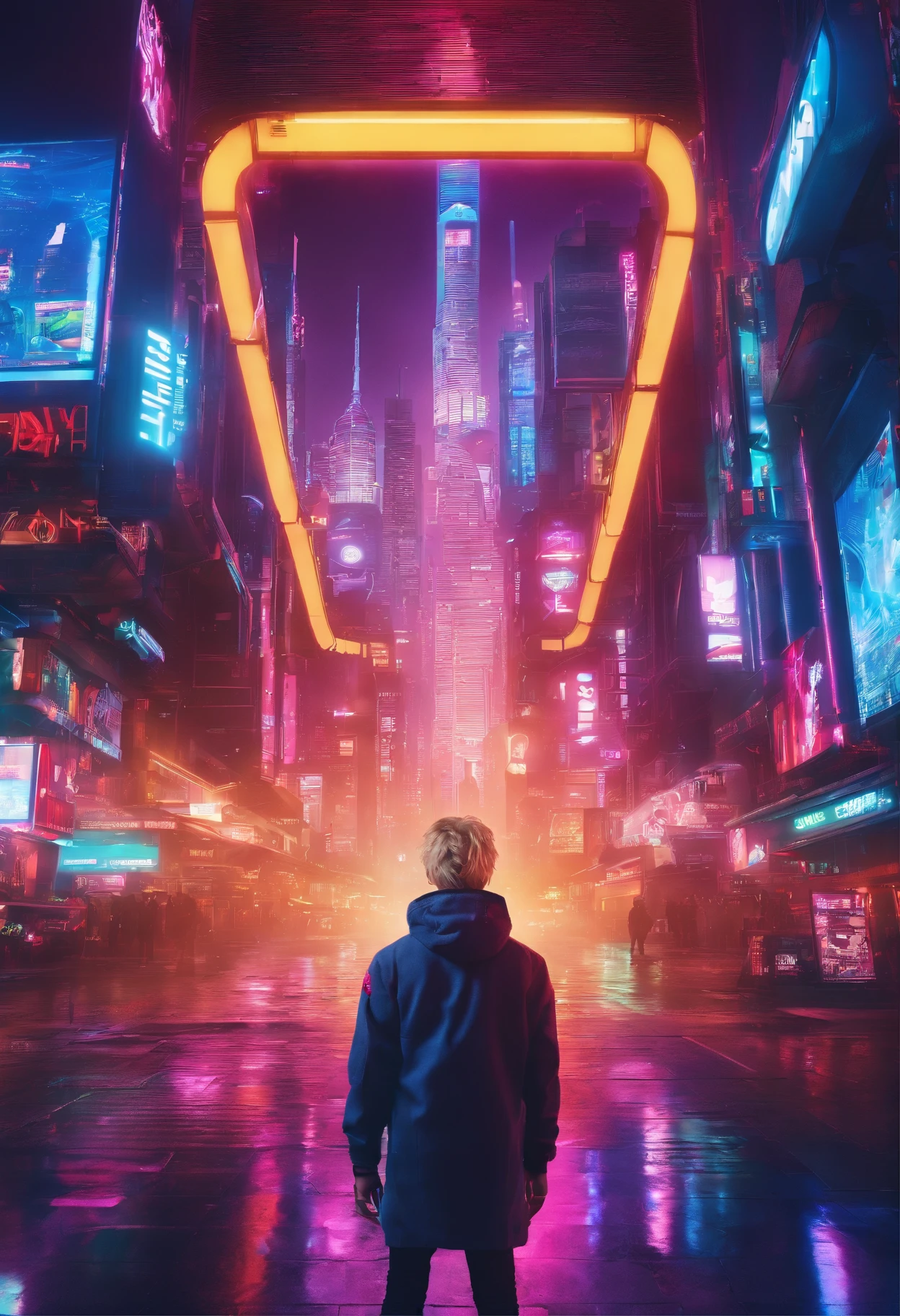 Face of a boy with blue eyes and blond hair, Futuristic city, neon signage, The World of Tomorrow, Driven by Artificial Intelligence, in a very realistic 8K photo