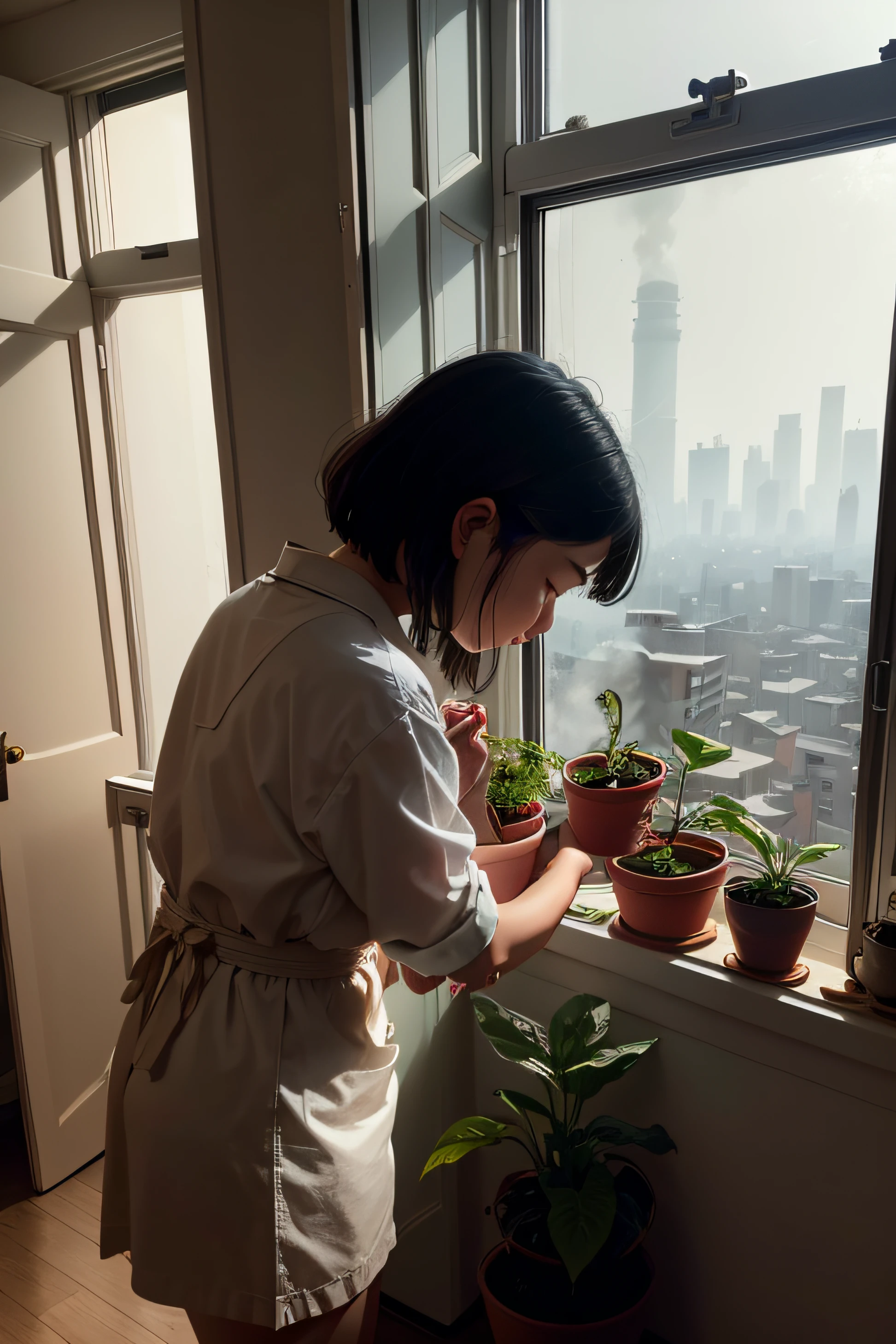 Produce an image of a student tenderly watering a plant in a small china clay pot inside a room with a view of the pollution of city through the window. --auto