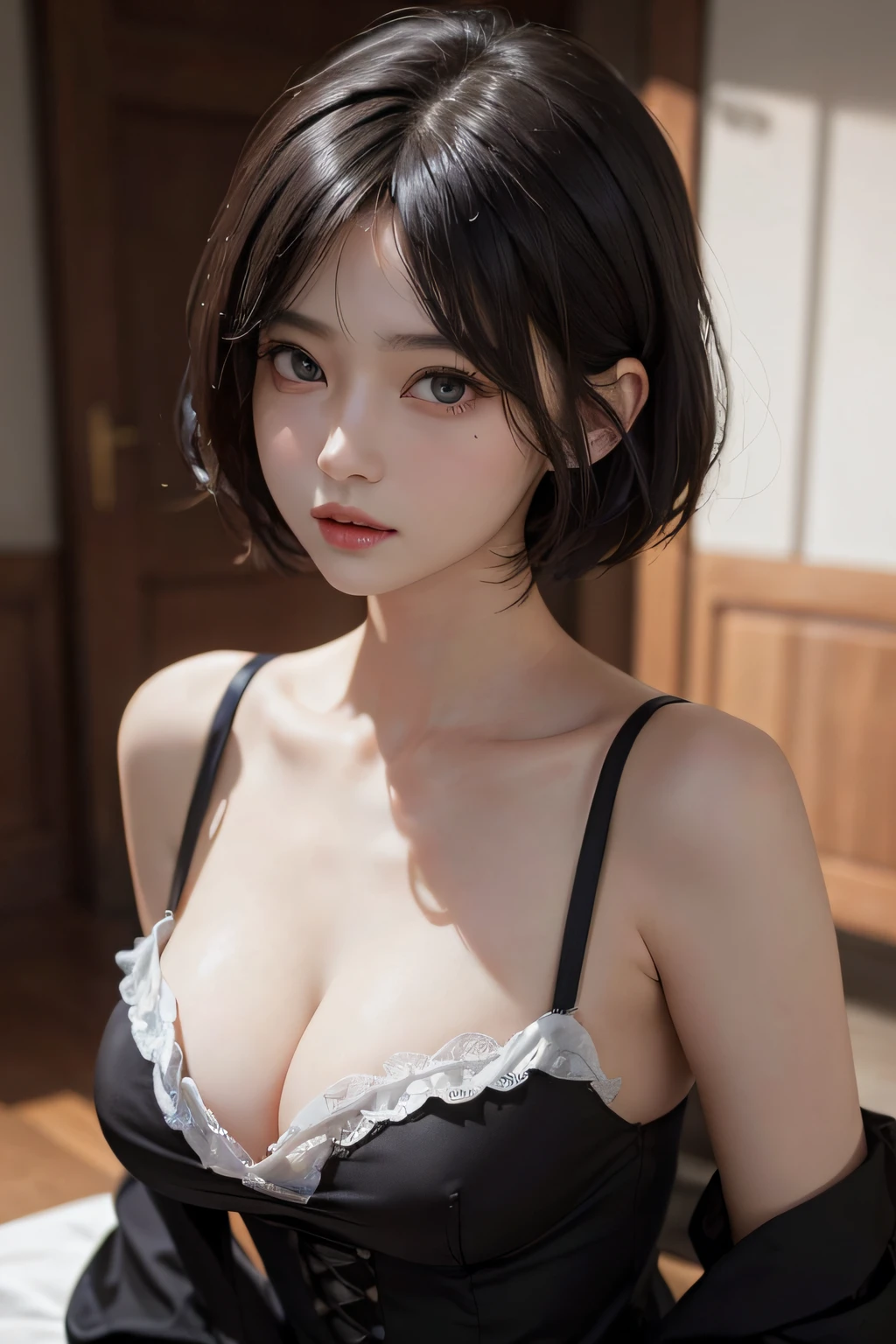 (masuter piece:1.3)、(8k、Photorealsitic、RAW Photography、top-quality: 1.4)、(1girl)、beautiful countenance、(lifelike face)、(A dark-haired、short-hair:1.6)、Beautiful hairstyle、realisticeyes、Beautiful details、（real looking skin）、Beautiful skins、maid clothes、cleavage of the breast、absurderes、enticing、超A high resolution、A hyper-realistic、high-detail、the golden ratio
