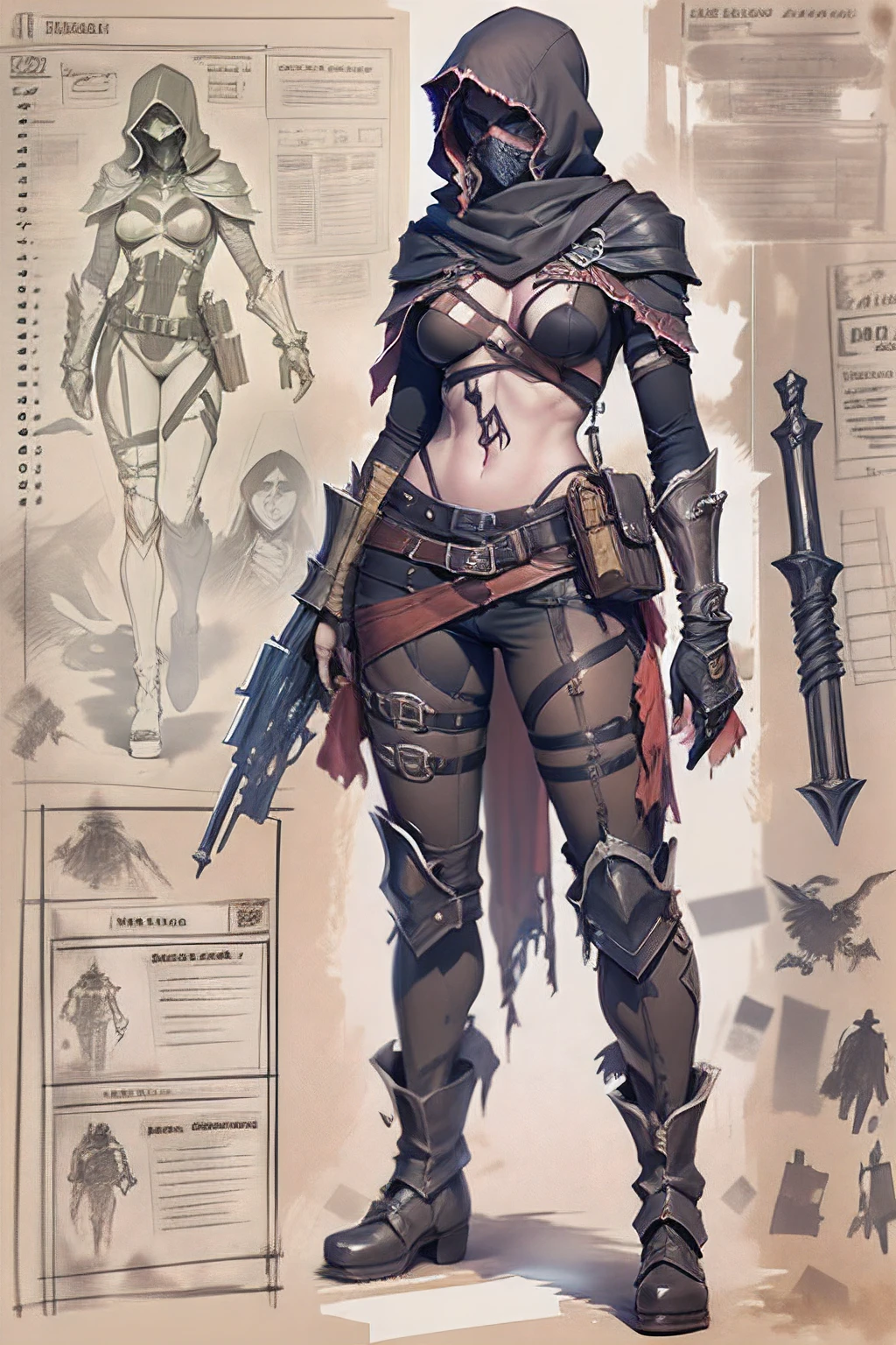 Naked assassin , bits of colour, Sketch, hand drawn, dark, gritty, realistic sketch, Rough sketch, mix of bold dark lines and loose lines, bold lines, on paper, character sheet, assasin, Full body covered in metal, silk, garbs, ghostly theme, (((items and gear listed on the side)))