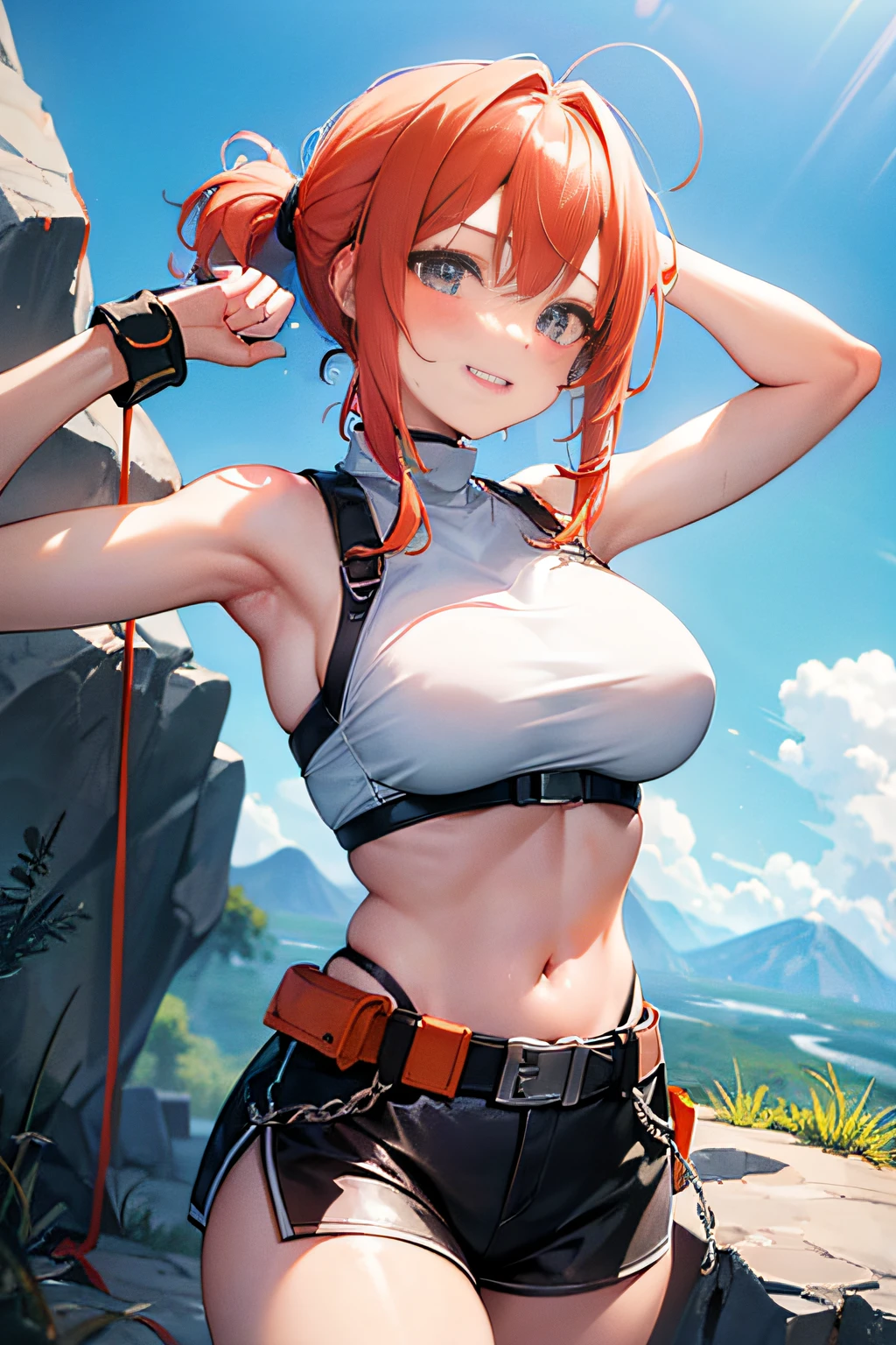(Clamber up rock walls:1.3),Mountain wall,Rock Climbing,Rock climber,Woman climbing a rock wall alone,A woman conquering her fears and pushing past her limits, her triumphant smile shining as she reaches the summit of a towering peak, her arms raised in victory.Anti-slip powder at waist belt,Tubular Waist Pouch,Belt Harness Lifeline,Especially while reflecting elements of Western beauty.Woman with natural smile and attractive expression,Transparent skin,Short-cut hair with shiny silver and orange stripes,(poneyTail:1.3),huge tit,Sportsbra,leggins,(The 8k quality,masutepiece,top-quality,Ultra-high resolution output image,),(Highly detailed raw photos:1.3),(Image Mode Ultra HD),(Parameter Mode Kaibo 2.0),Studio Ghibli style quality,