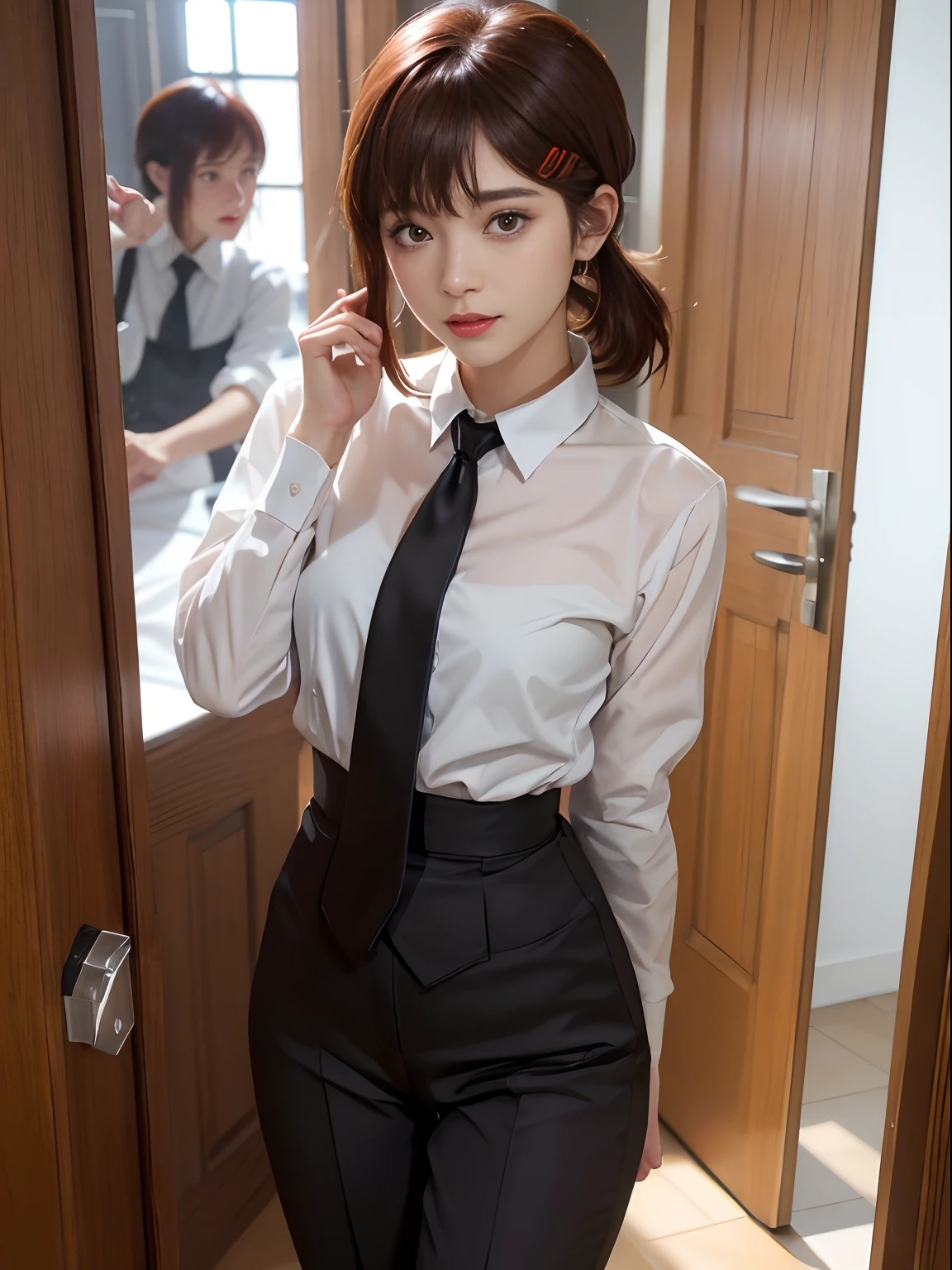 tmasterpiece,best qualtiy,ultra - detailed,illustratio,epic lighting,cinematic compositions,isometry,1girll,独奏,adolable,with brown eye,Black color hair,sweeping bangs,single hair,red hair clips,blouse with a white collar,black necktie,Black pantsuit,formal,a captivating gaze,captivating posture,inside in room,office room,doors,Open the door,looking at viewert,Be red in the face,seduct smile,Shut your mouth,(8K:1.1),blackstockings