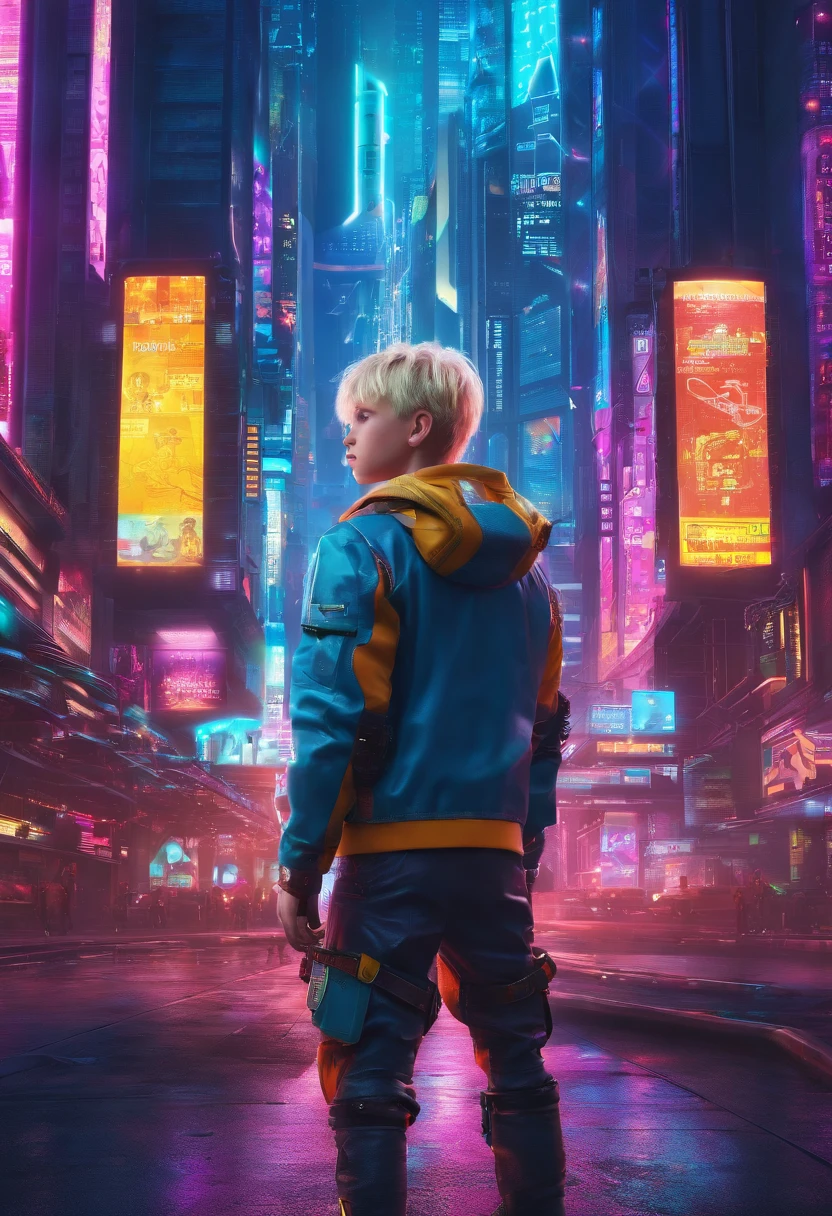 Face of a boy with blue eyes and blond hair, Looking Ahead, In the city of the future, Against the backdrop of the world of tomorrow, Driven by Artificial Intelligence, in a very realistic 8K photo