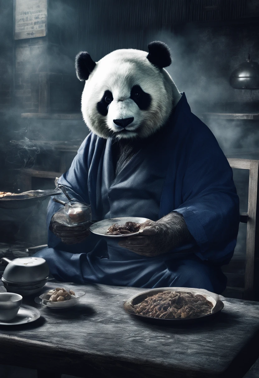 Capture the heartwarming moment of a giant fluffy panda in blue office suits seated at a old bad restaurant table, crowded restaurant, old vintage bd restaurant, people staring at him, savoring a plate of nasi lemak, fried chicken, and a glass of ice milo. The panda's face should light up with pure happiness and surprise, with a mouthful of nasi lemak, as if it's tasting this beloved Malaysian dish for the very first time, 4k, dramatic lighting, dramatic effect, smoke effect, a lot of smoke, kitchen on fire in far background,