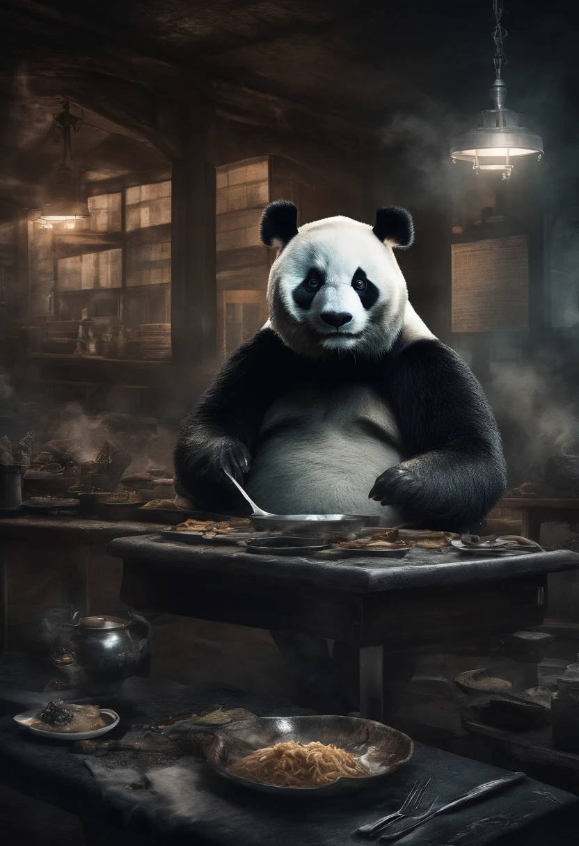 Capture the heartwarming moment of a giant fluffy panda in blue office suits seated at a old bad restaurant table, crowded restaurant, old vintage bd restaurant, people staring at him, savoring a plate of nasi lemak, fried chicken, and a glass of ice milo. The panda's face should light up with pure happiness and surprise, with a mouthful of nasi lemak, as if it's tasting this beloved Malaysian dish for the very first time, 4k, dramatic lighting, dramatic effect, smoke effect, a lot of smoke, kitchen on fire in far background,