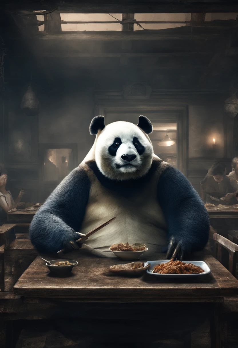 Capture the heartwarming moment of a giant fluffy panda in blue office suits seated at a old bad restaurant table, crowded restaurant, old vintage bd restaurant, people staring at him, savoring a plate of nasi lemak, fried chicken, and a glass of ice milo. The panda's face should light up with pure happiness and surprise, with a mouthful of nasi lemak, as if it's tasting this beloved Malaysian dish for the very first time, 4k, dramatic lighting, dramatic effect, smoke effect, a lot of smoke, kitchen on fire in far background,
