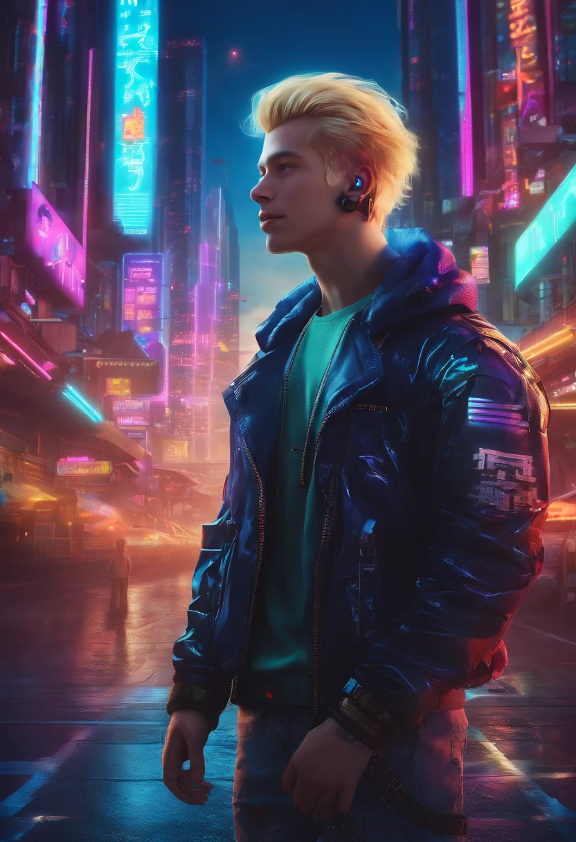Boy with blue eyes and blonde hair, Smiling, Futuristic city in the background, neon signage, The World of Tomorrow, Driven by Artificial Intelligence, in a very realistic 8K photo