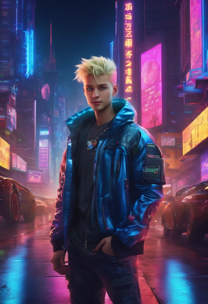 Boy with blue eyes and blonde hair, Smiling, Futuristic city in the background, neon signage, The World of Tomorrow, Driven by Artificial Intelligence, in a very realistic 8K photo