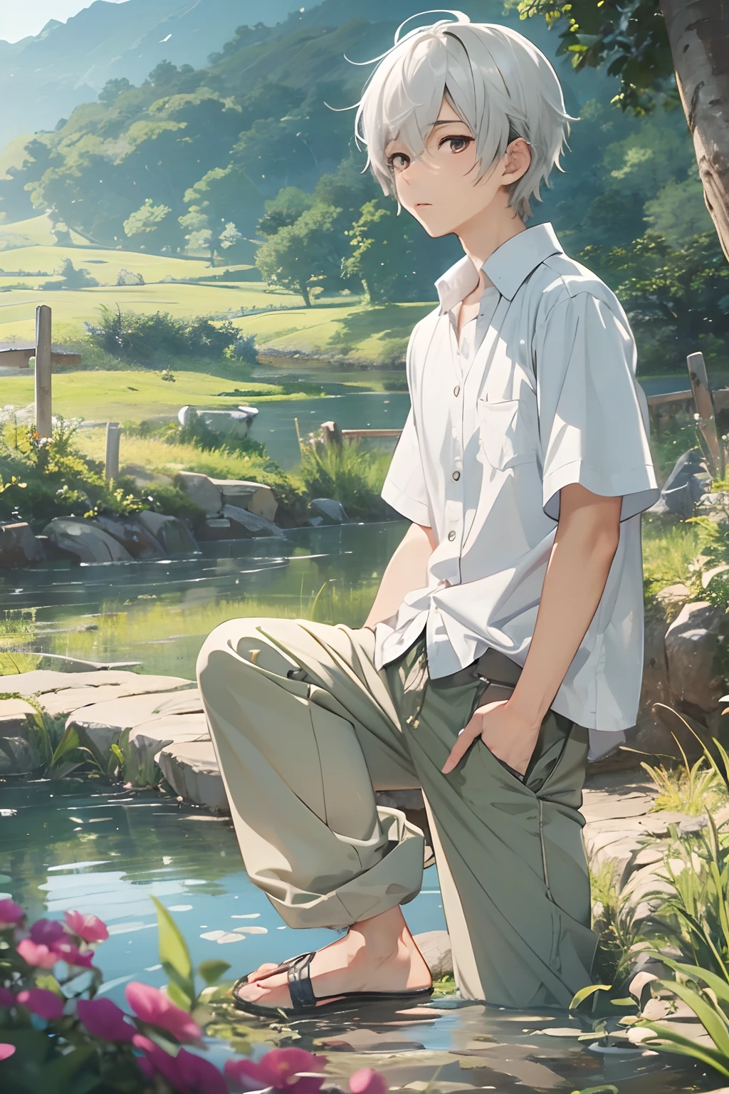 Very beautiful boy、silber hair、country scenery、White cutter shirt、half-pants、Natural lighting、Studio Ghibli、hight resolution、