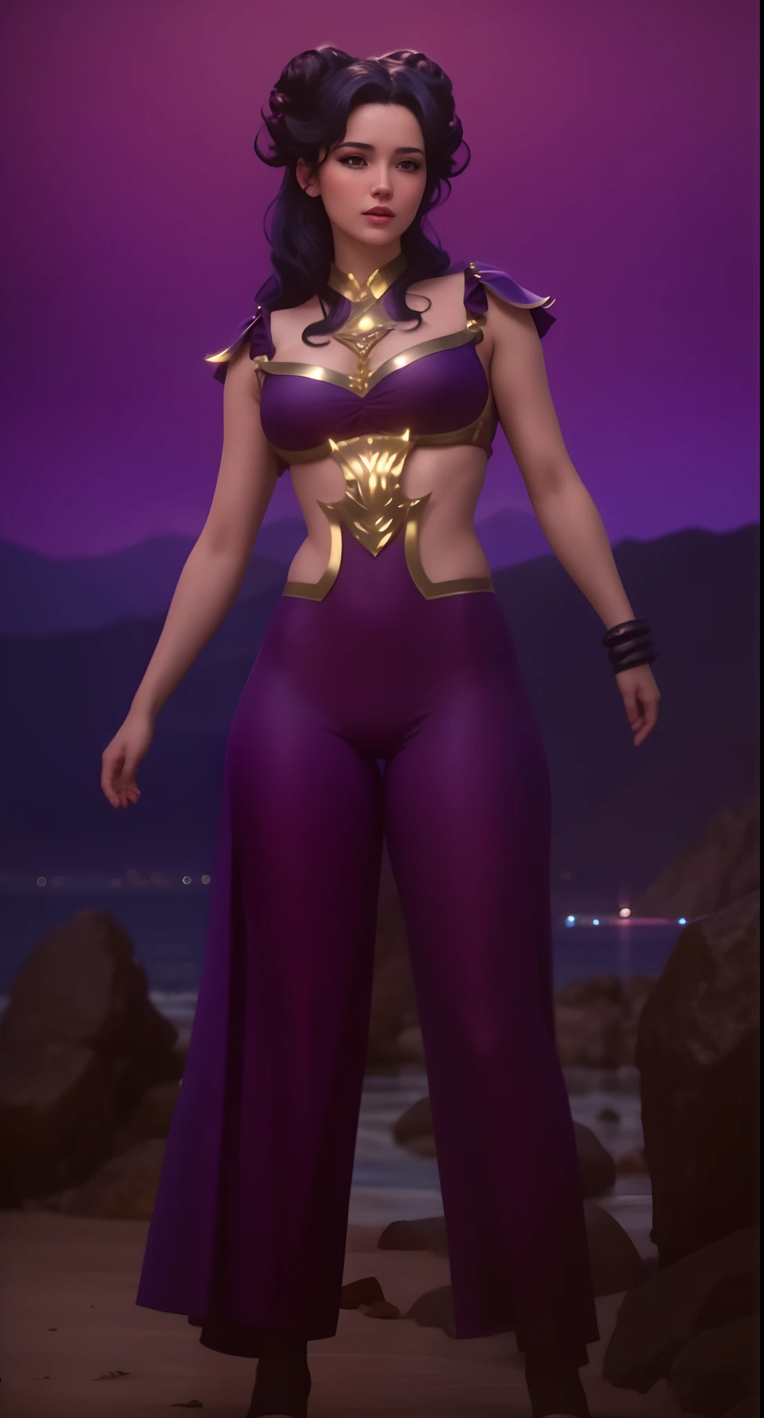Bodacious seductive young woman in front of mountains, with elaborately coiffed black hair with large side rolls, wearing purple genie bikini outfit, perfect delicate fingers, perfect delicate hands, perfect delicate feet, perfect delicate legs, 4K, cinematic, hyper-sharp, hyper-realistic, hyper-detailed, symmetrical, "100% anatomically correct", octane render