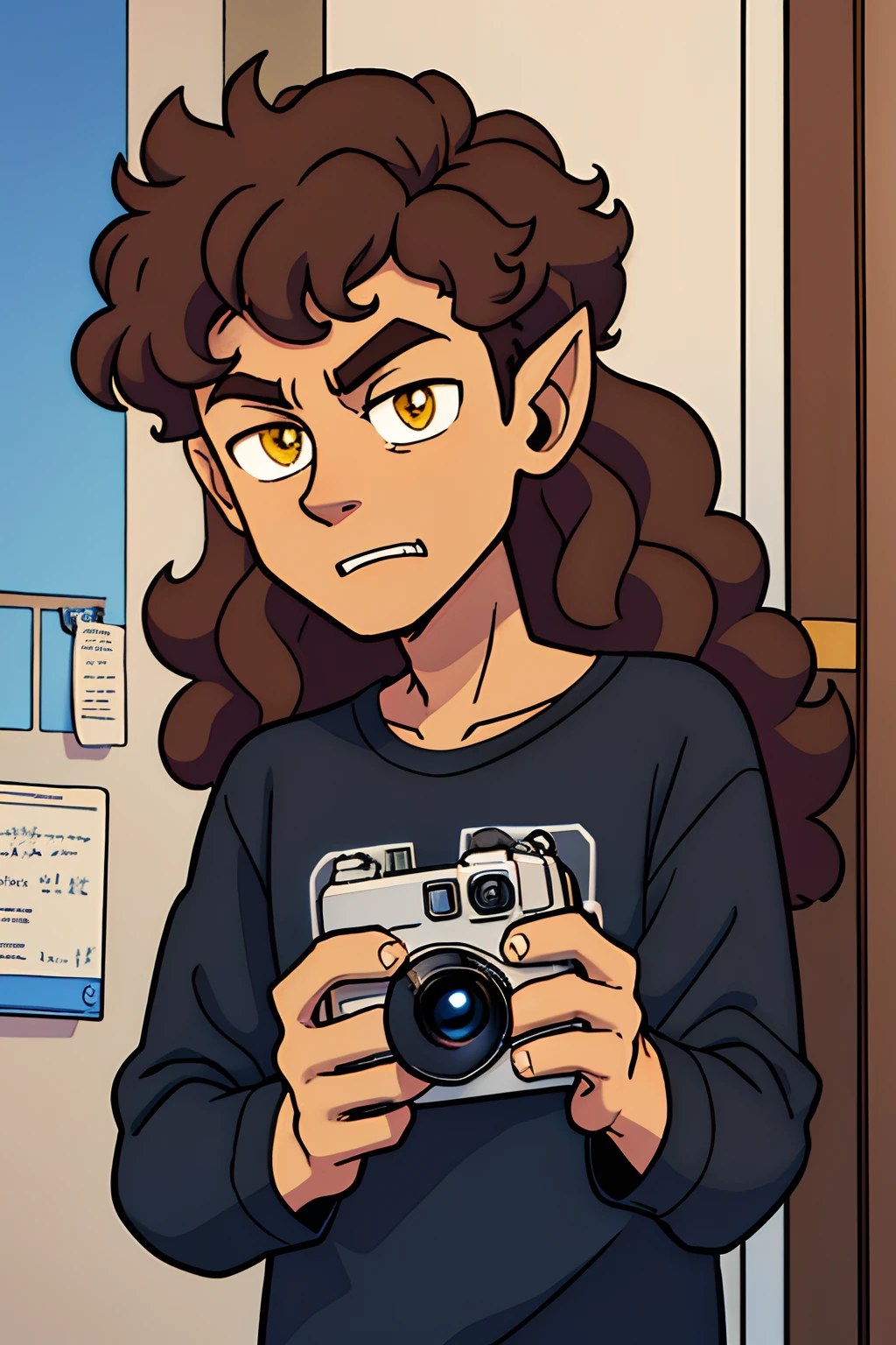 solo, Tall skinny boy, feminine guy, dark brown curly long hair, poofy curly brown hair, black tshirt navy blue long sleeves, clear brown eys, very dark brown hair, blank shirt, werewolf ears on his head, brown wolf ears boy, supernatural comic style, anime comic style, lookib t camera