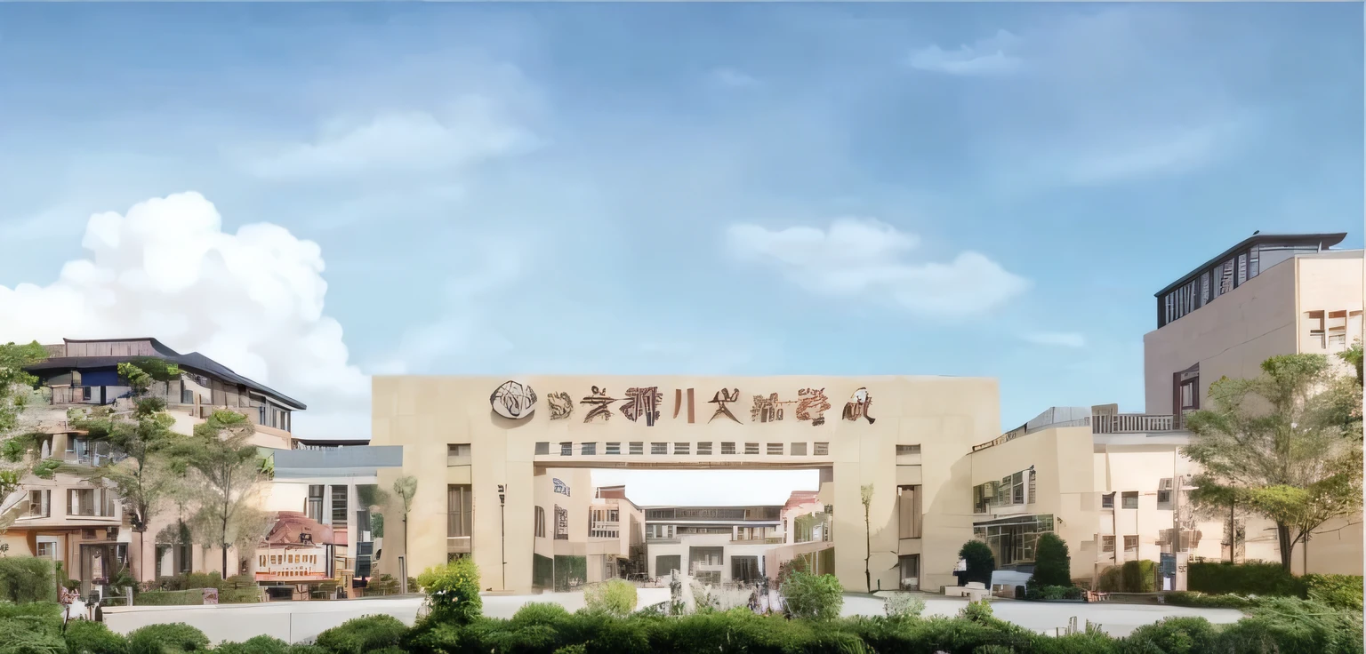 Arafeld Building，It bears the logo of Zigong Hengchuan Experimental School, University, Beautiful image, private academy entrance, Chiba Yuda, late sunset，The sky was dyed a rich orange-red color，The afterglow of the sun reflects the clouds，Create a dreamlike scene。The clouds seemed to be ignited by flames，Light and shadow intertwined，The sky glows warmly。