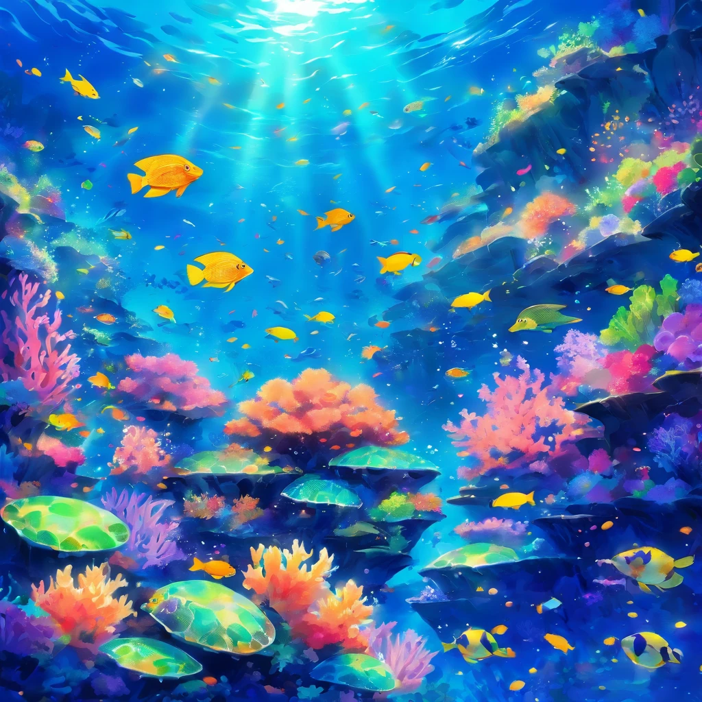 Deep in the ocean, there is a dark blue underwater world. Coral reefs are inhabited by colorful marine life. A group of swimming turtles and tropical fish show brilliant colors through the penetration of sunlight. Big Scene, Lots of detail. Lots of detail, Lots of detail,illustration, Watercolor on textured paper,