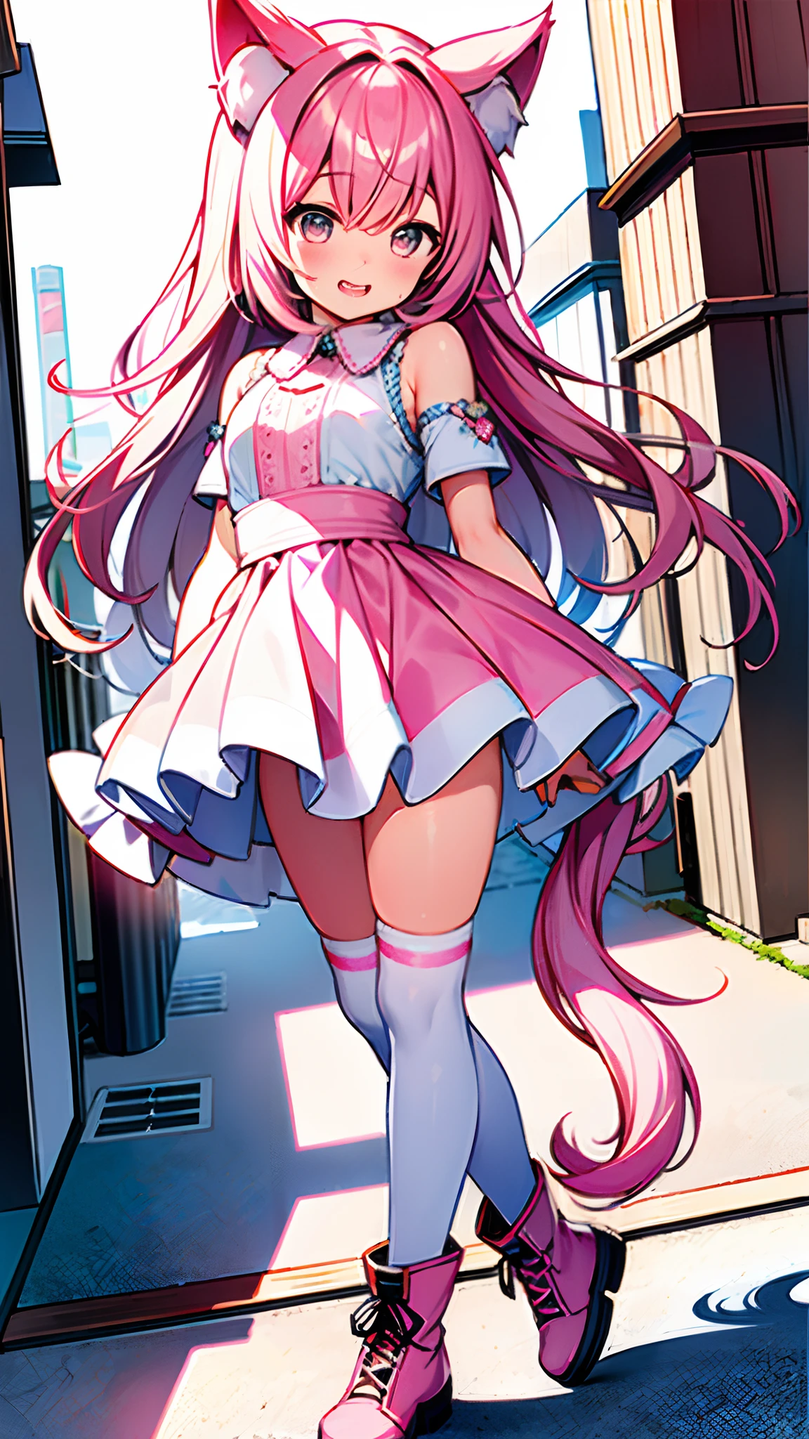 (Very detailed CG 8k wallpaper)、(extremely delicate and beautiful)、(top-quality:1.0)、(超A high resolution:1.0)、realistic shadow、[hight resolution]、（no background）、(((solo)))、detailed skins、ultra-detailliert ((colourfull))、((Medium chest、Young woman with small breasts、smaller head))、(Pink long hair、Longhaire:1.2)、Pink cat ears、Pink tail、(((pink color knee high socks)))、long boots、delighted expression、((Flushing cheeks with embarrassment))