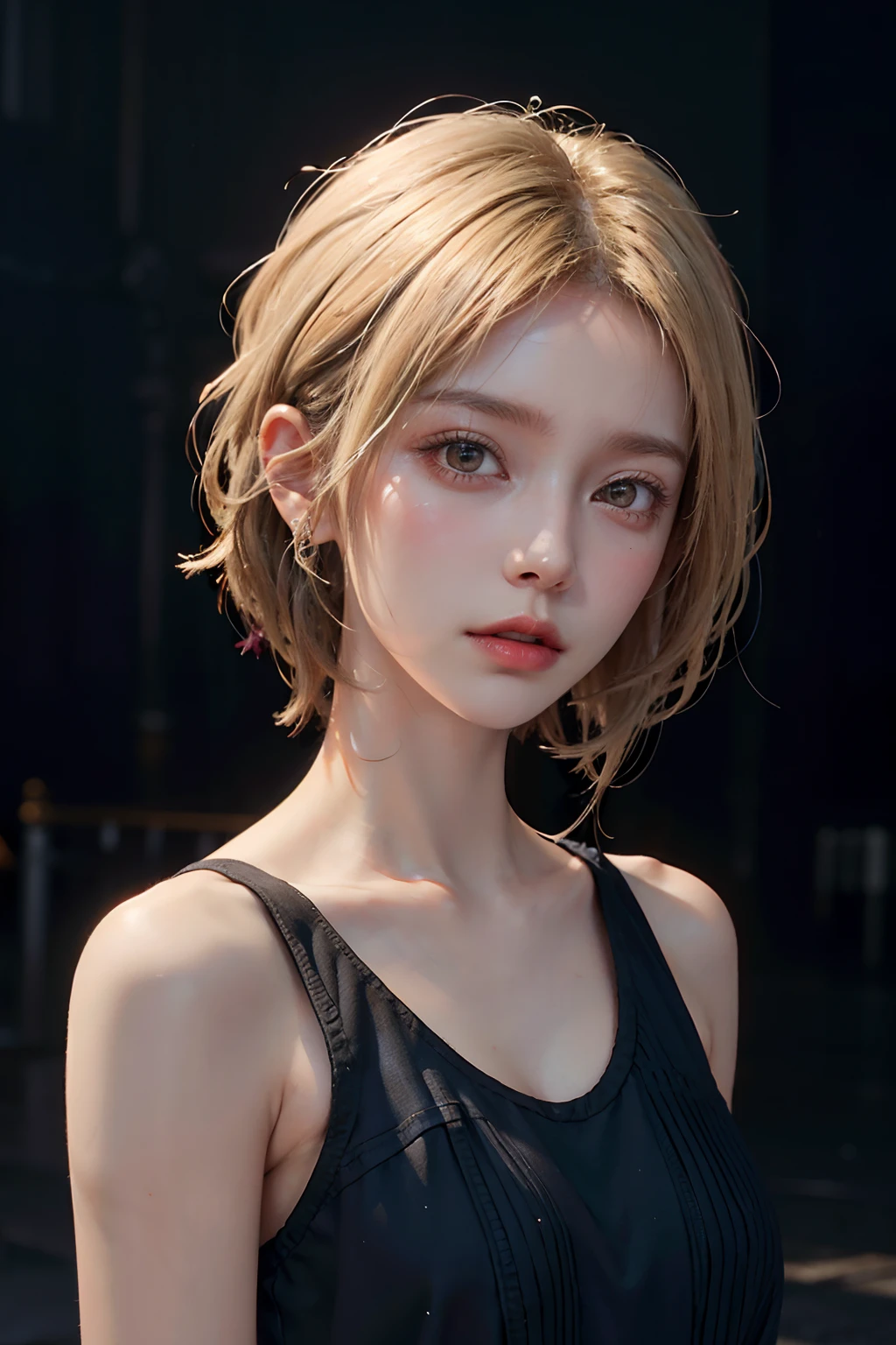 a 20 yo woman, blonde, (hi-top fade:1.3), dark theme, soothing tones, muted colors, high contrast, (natural skin texture, hyperrealism, soft light, sharp)