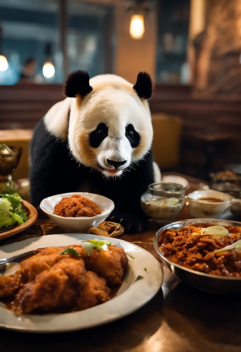 Capture the heartwarming moment of a giant fluffy panda in blue office suits seated at a old bad restaurant table, crowded restaurant, old vintage bd restaurant, people staring at him, savoring a plate of nasi lemak, fried chicken, and a glass of ice milo. The panda's face should light up with pure happiness and surprise, with a mouthful of nasi lemak, as if it's tasting this beloved Malaysian dish for the very first time, 4k, dramatic lighting, dramatic effect, smoke effect, a lot of smoke, kitchen on fire in far background,
