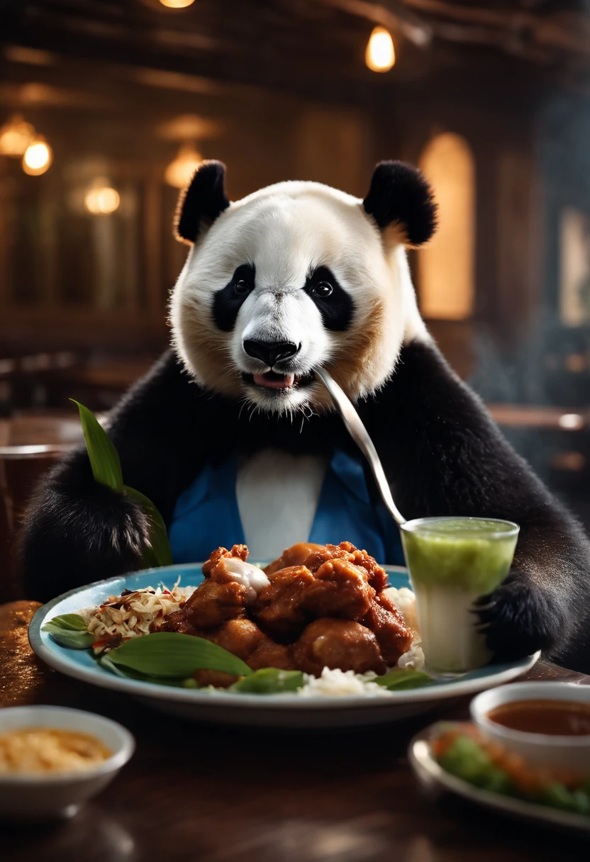 Capture the heartwarming moment of a giant fluffy panda in blue office suits seated at a old bad restaurant table, crowded restaurant, old vintage bd restaurant, people staring at him, savoring a plate of nasi lemak, fried chicken, and a glass of ice milo. The panda's face should light up with pure happiness and surprise, with a mouthful of nasi lemak, as if it's tasting this beloved Malaysian dish for the very first time, 4k, dramatic lighting, dramatic effect, smoke effect, a lot of smoke, kitchen on fire in far background,