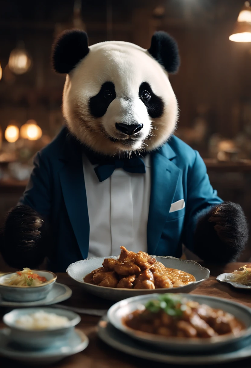 Capture the heartwarming moment of a giant fluffy panda in blue office suits seated at a old bad restaurant table, crowded restaurant, old vintage bd restaurant, people staring at him, savoring a plate of nasi lemak, fried chicken, and a glass of ice milo. The panda's face should light up with pure happiness and surprise, with a mouthful of nasi lemak, as if it's tasting this beloved Malaysian dish for the very first time, 4k, dramatic lighting, dramatic effect, smoke effect, a lot of smoke, kitchen on fire in far background,