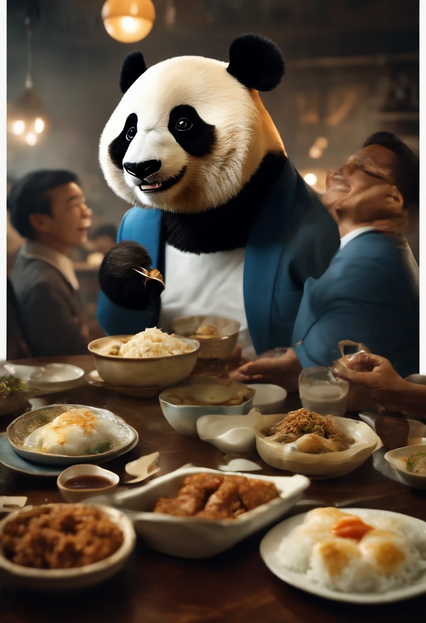 Capture the heartwarming moment of a giant fluffy panda in blue office suits seated at a old bad restaurant table, crowded restaurant, old vintage bd restaurant, people staring at him, savoring a plate of nasi lemak, fried chicken, and a glass of ice milo. The panda's face should light up with pure happiness and surprise, with a mouthful of nasi lemak, as if it's tasting this beloved Malaysian dish for the very first time, 4k, dramatic lighting, dramatic effect, smoke effect, a lot of smoke, kitchen on fire in far background,