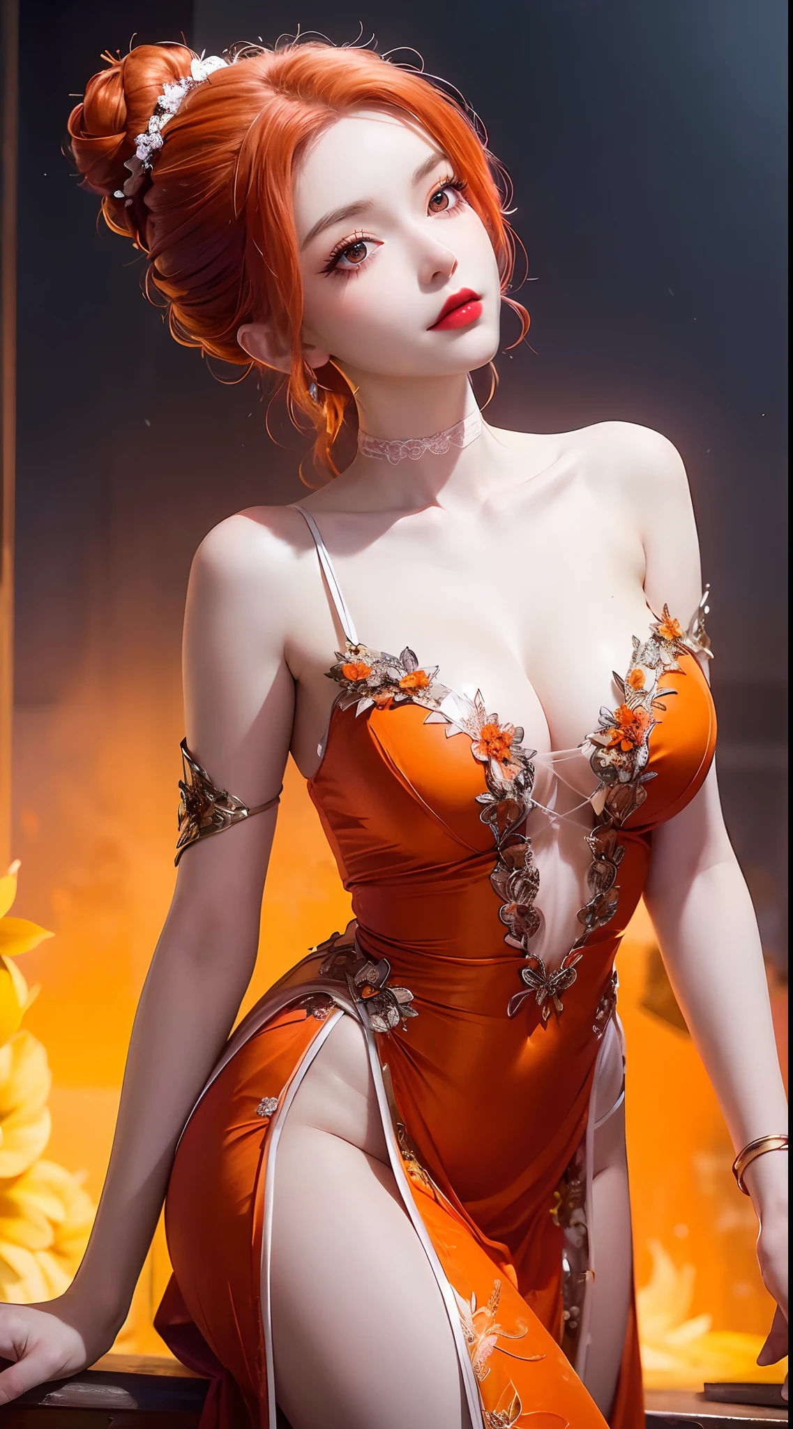 1girl, long hair, flower, Lisianthus, in the style of orange and light azure, dreamy and romantic compositions, orange, ethereal foliage, playful arrangements, fantasy, high contrast, ink strokes, explosions, over exposure, orange and white tone impression, abstract, attractive pose,,short hair,hair bun,