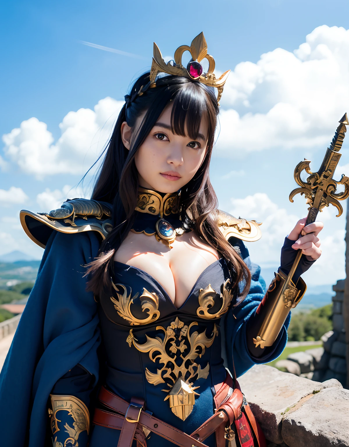 Professional , masterpiece、top-quality、photos realistic , 、top-quality、超A high resolution、(Photorealsitic:1.4)、Raw photo、depth of fields (Gemstone Gold Metal Body:1.9),(Matte White、Toostock、cleavage of the breast、(cleavage of the breast)、(Detailed Dragon Armor)、(Have the strongest weapon)、((Random Hairstyles 1.6),Dark Fantasy,)explosions、intense fighting、(Precipitous cliffs),Dragon Gold Weapon,Mystical expression、Particles of light、Fight dragons、(Detailed Dragon Helmet),Gorgeous Silver Weapons ,(( Dragon's dense and gorgeous sword)) , Beautiful knife ,warhammer 40k ,Detail and gorgeous crown、((Blue hair))、(Castle background)、、((Gangle's forest background))、Beautiful Caucasian beauty、1a person、dynamic ungle,((()))、Smaller head、A smile、Castle background、Thin and beautiful female hands、cleavage of the breast、Soldier in iron armor on background、Mystical expression、Light Effects、intense fighting、Wind-effect、magic circles、With the legendary magic wand、(demonic wings)、Toostock、