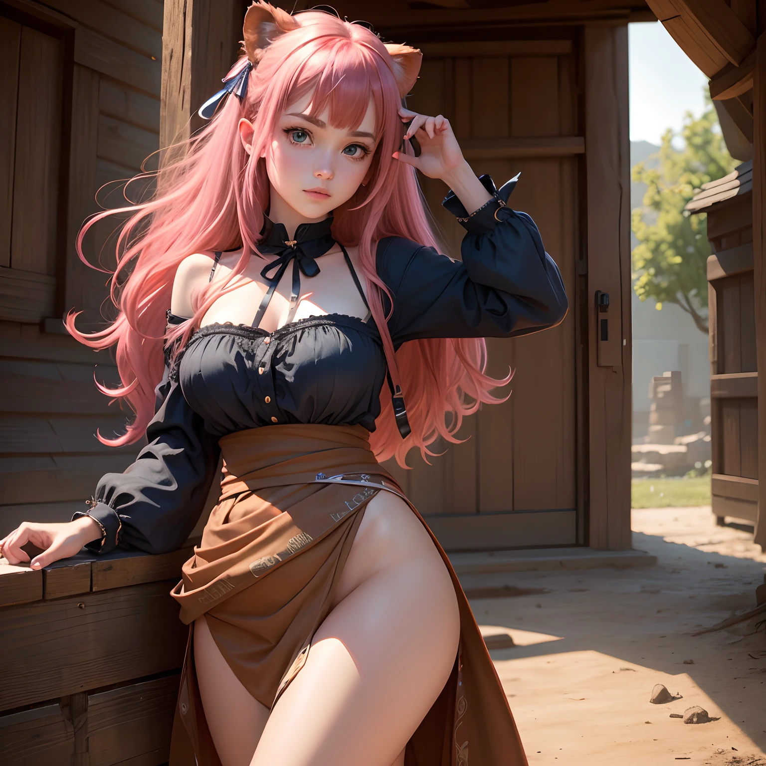 8k, masterpiece, best quality, realistic, higly detailed, cowboy shot, 1girl, solo, Nino, cute, cold-looking girl, waist-length straight hair, square bangs hanging over eyebrows, reddish-pink hair, twin butterfly-shaped ribbons on both sides of head, dark blue eyes, average height, well-endowed figure, large breasts, fashionable girl, various cute accessories, takes care of nails, Lion of Pride