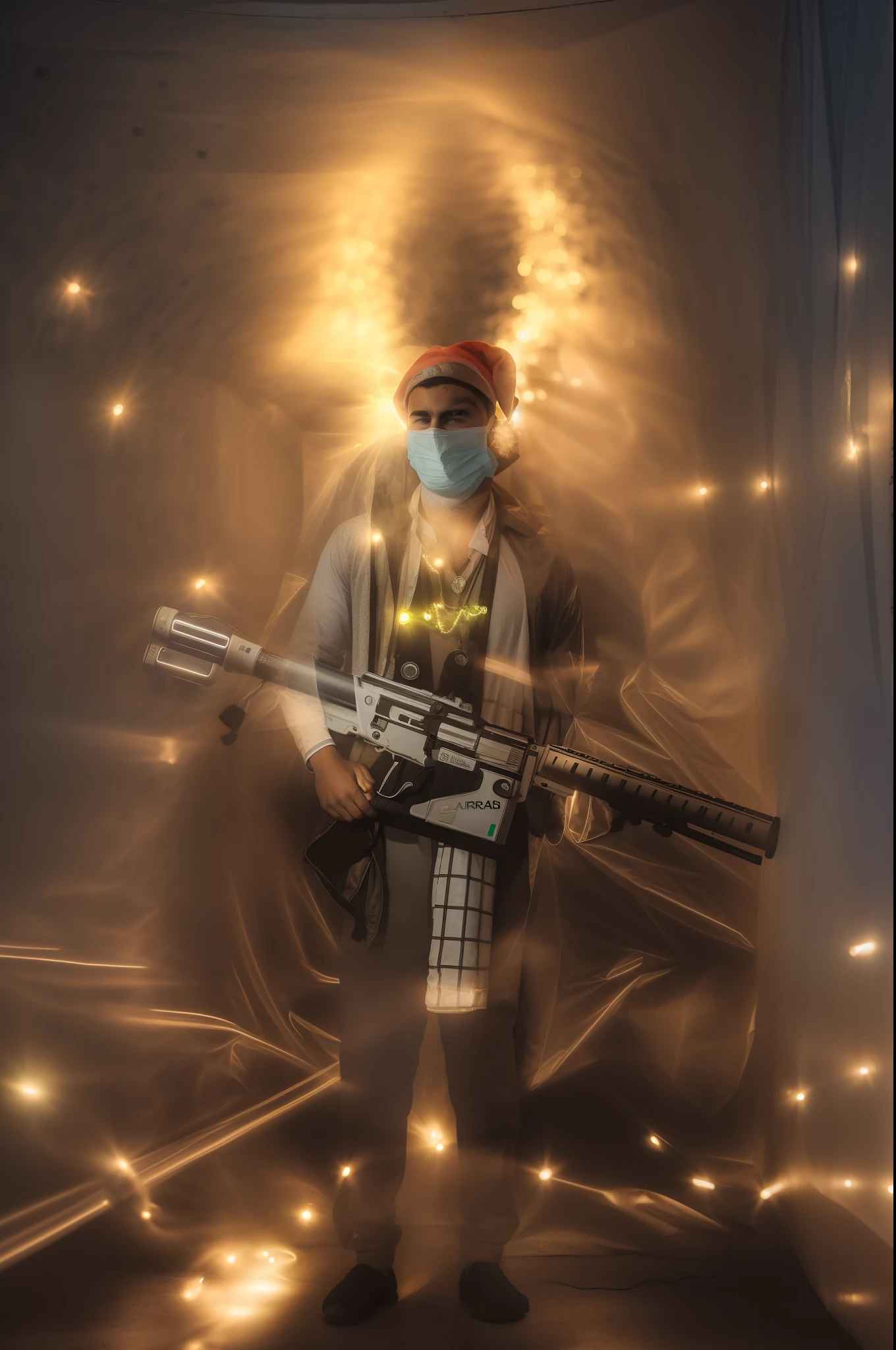 arafed man wearing a mask standing in a tunnel with christmas lights, elaborate lights. mask on face, full body photogenic shot, shot at night with studio lights, with neon lights, harsh flash photo at night, at night with neon lights, with glowing lights at night, neon lights in the background, full frontal portrait, full body portrait shot, full body in shot