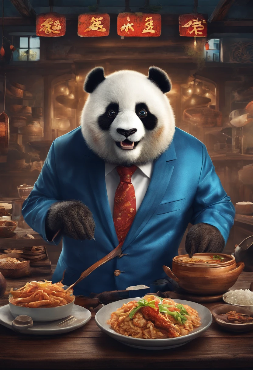 Capture the heartwarming moment of a giant fluffy panda in blue office suits seated at a old bad restaurant table, crowded restaurant, old vintage bd restaurant, people staring at him, savoring a plate of nasi lemak, fried chicken, and a glass of ice milo. The panda's face should light up with pure happiness and surprise, with a mouthful of nasi lemak, as if it's tasting this beloved Malaysian dish for the very first time, 4k, dramatic lighting, dramatic effect, smoke effect, a lot of smoke, kitchen on fire in far background,