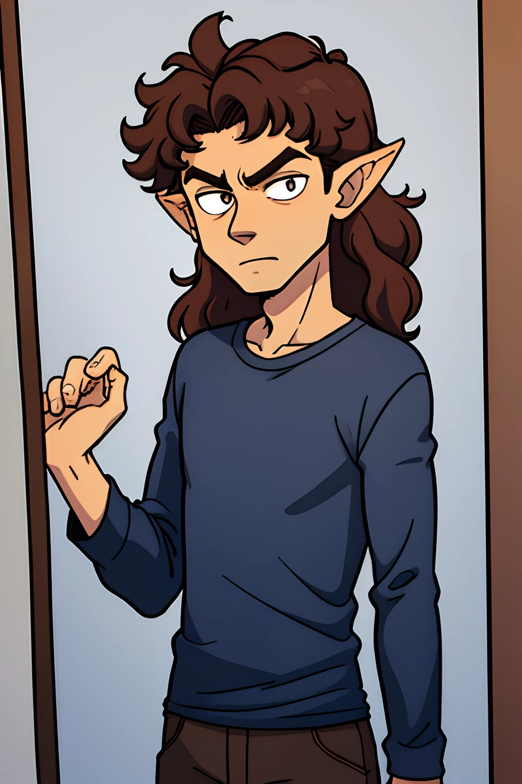 solo, Tall skinny boy, feminine guy, dark brown curly long hair, poofy curly brown hair, black tshirt navy blue long sleeves, clear brown eys, very dark brown hair, blank shirt, werewolf ears on his head, brown wolf ears boy, supernatural comic style, anime comic style