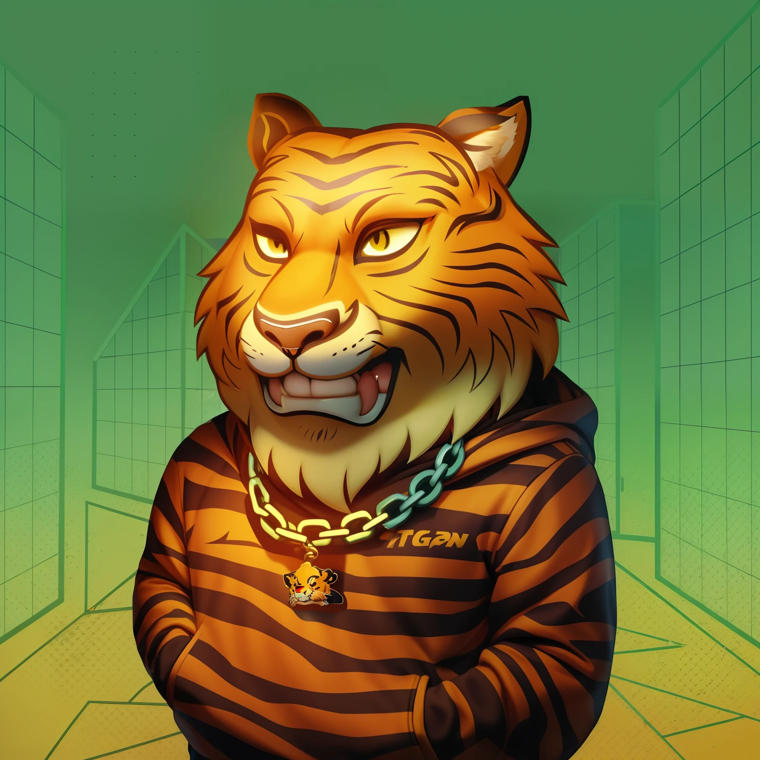 Caricature of a tiger in a hoodie and a chain around its neck, Anthropomorphic tiger, Tiger_beast, ((Tiger)), mascot illustrations, Cartoon style illustration, tony the tiger, Tiger, Cartoon Art Style, gta chinatowon art style, Tiger head, inspired by Taiyō Matsumoto
