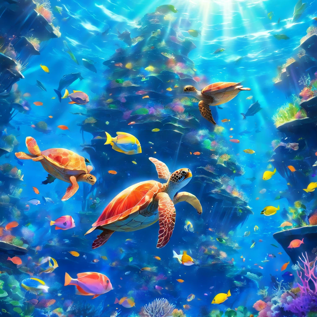 Deep in the ocean, There is a deep blue underwater world. Coral reefs are home to a wide variety of marine life. A school of swimming turtles and tropical fish take on brilliant colors in the sunlight. Big Scene, Lots of detail