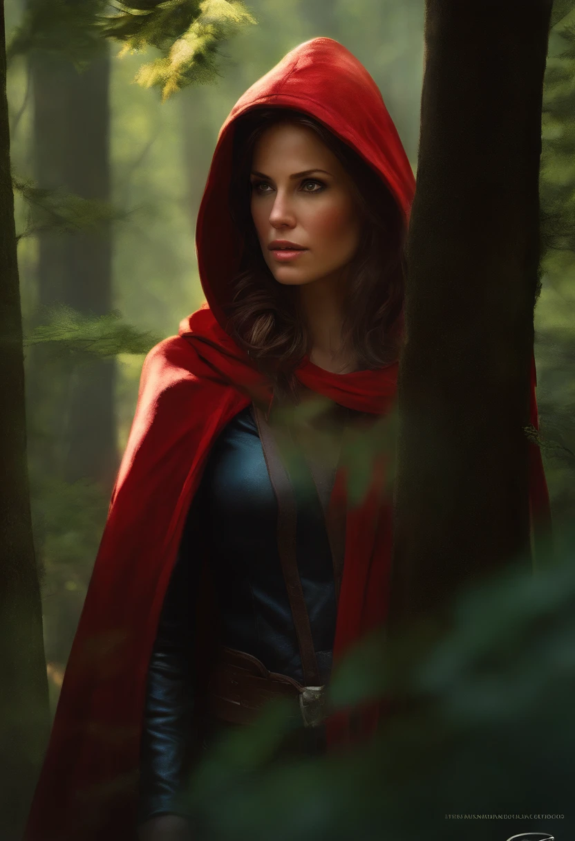 Close up of New Lara Croft in the forest, (Backlight), Realistic, masutepiece, Highest Quality, ((Red hooded cloak)), ((Scared )), Lens Flare, Shadow, bloom, (( flashes of light)), [chromatic abberation], Jeremy Lipking, Antonio J. Manzanedo, in door (Alphonse Mucha), Digital Painting