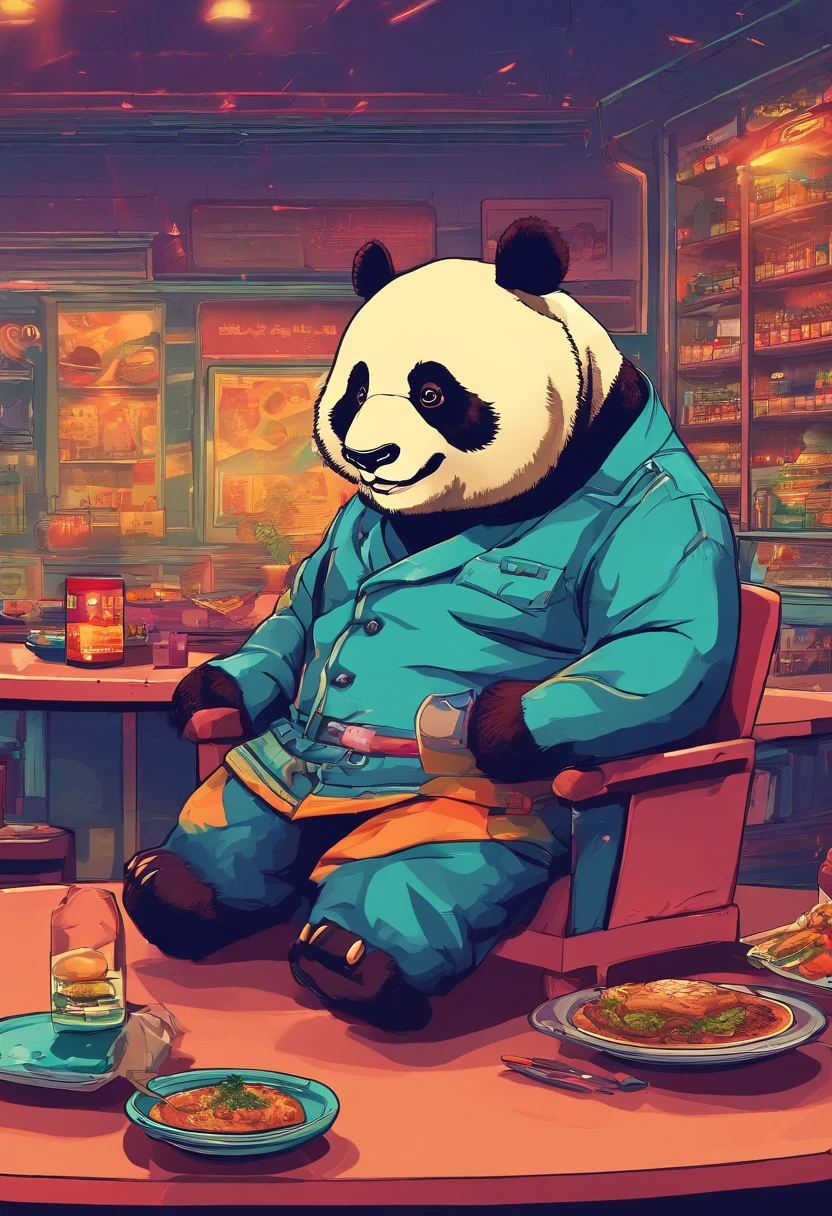 Capture the heartwarming moment of a giant fluffy panda in blue office suits seated at a old bad restaurant table, crowded restaurant, old vintage bd restaurant, people staring at him, savoring a plate of nasi lemak, fried chicken, and a glass of ice milo. The panda's face should light up with pure happiness and surprise, with a mouthful of nasi lemak, as if it's tasting this beloved Malaysian dish for the very first time, 4k, dramatic lighting, dramatic effect, smoke effect, a lot of smoke, kitchen on fire in far background,