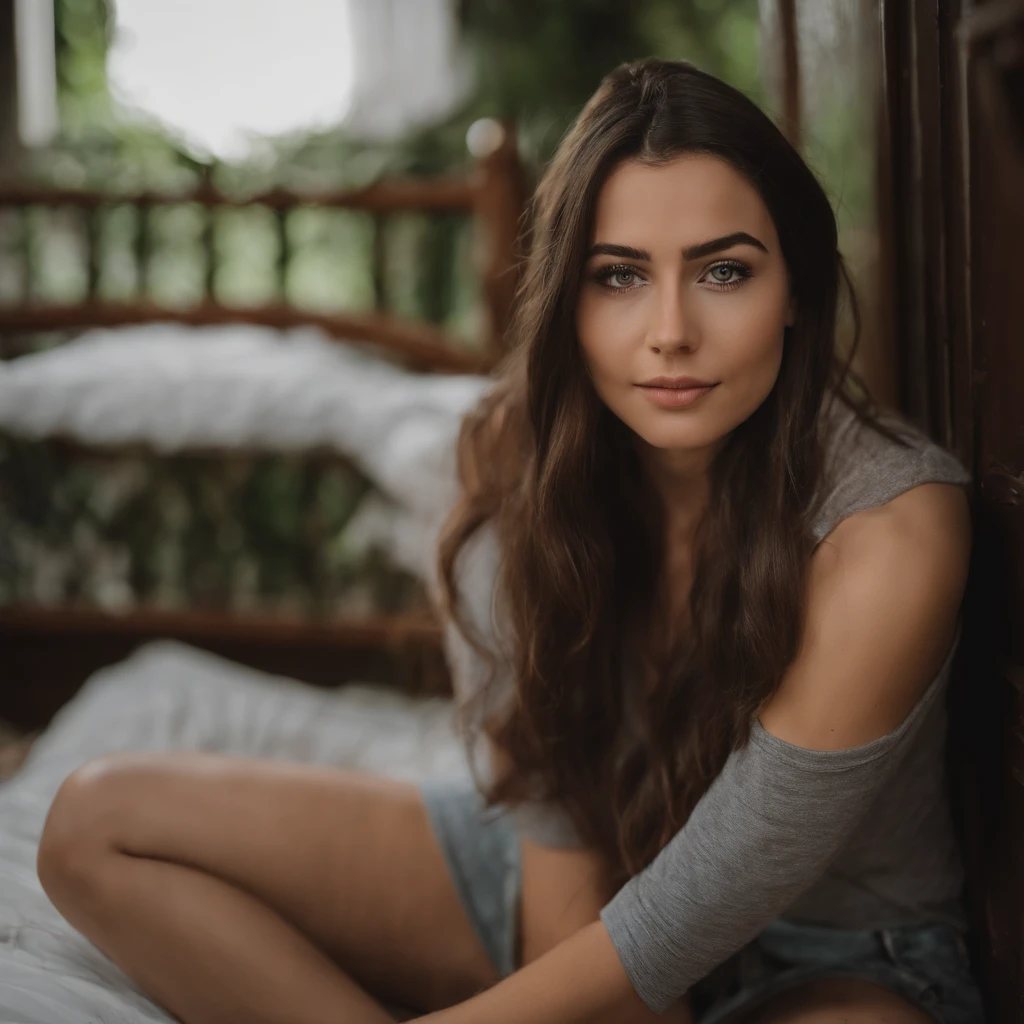 arafed woman with a white tank top and a necklace in club, sexy girl with green eyes, portrait sophie mudd, brown hair and large eyes, selfie of a young woman, bedroom eyes, violet myers, without makeup, natural makeup, looking directly at the camera, face with artgram, subtle makeup, stunning full body shot, piercing green eyes, beautiful angle, attractive pose, cute girl, sexy pose, full body picture, full body, full body shoot, brunette goddess, high detail, satisfied pose, wearing grey skirt and boots, skirt, boots, selfie, no filter, no makeup