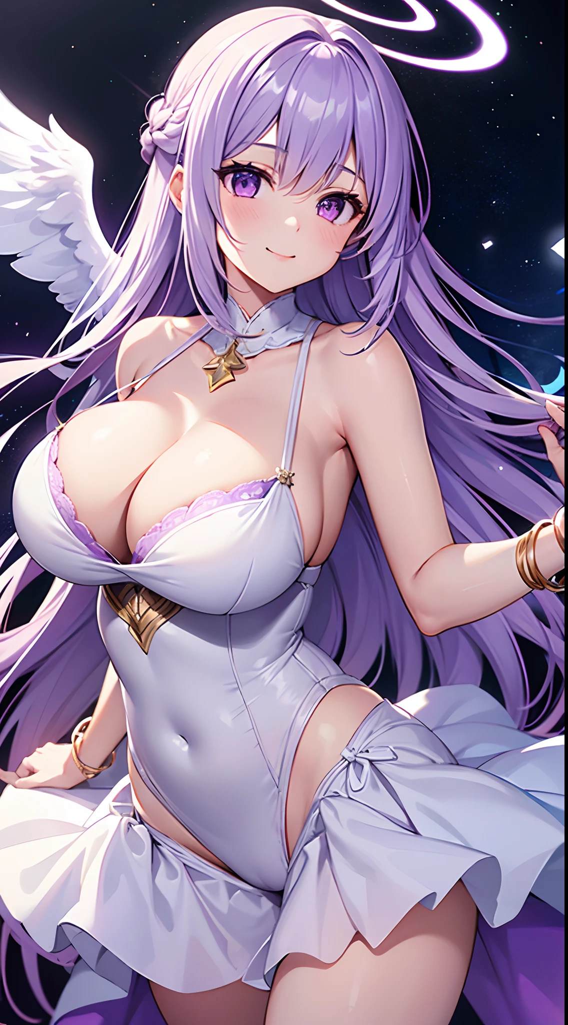 1 girl, game CG, 1 girl, game CG, white leotard, cleavage visible, angel halo, angel wings, bangles, gigantic breasts, light purple hair, long hair, french braid, purple eyes, stars, night, smile, dynamic ,